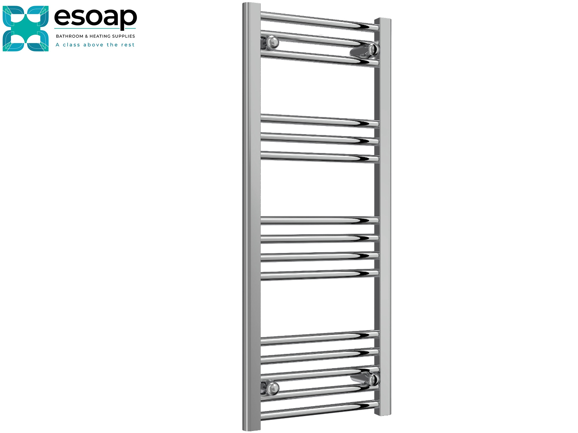 Chrome towel radiator 1000x400 on a white background with 'esoap' branding.