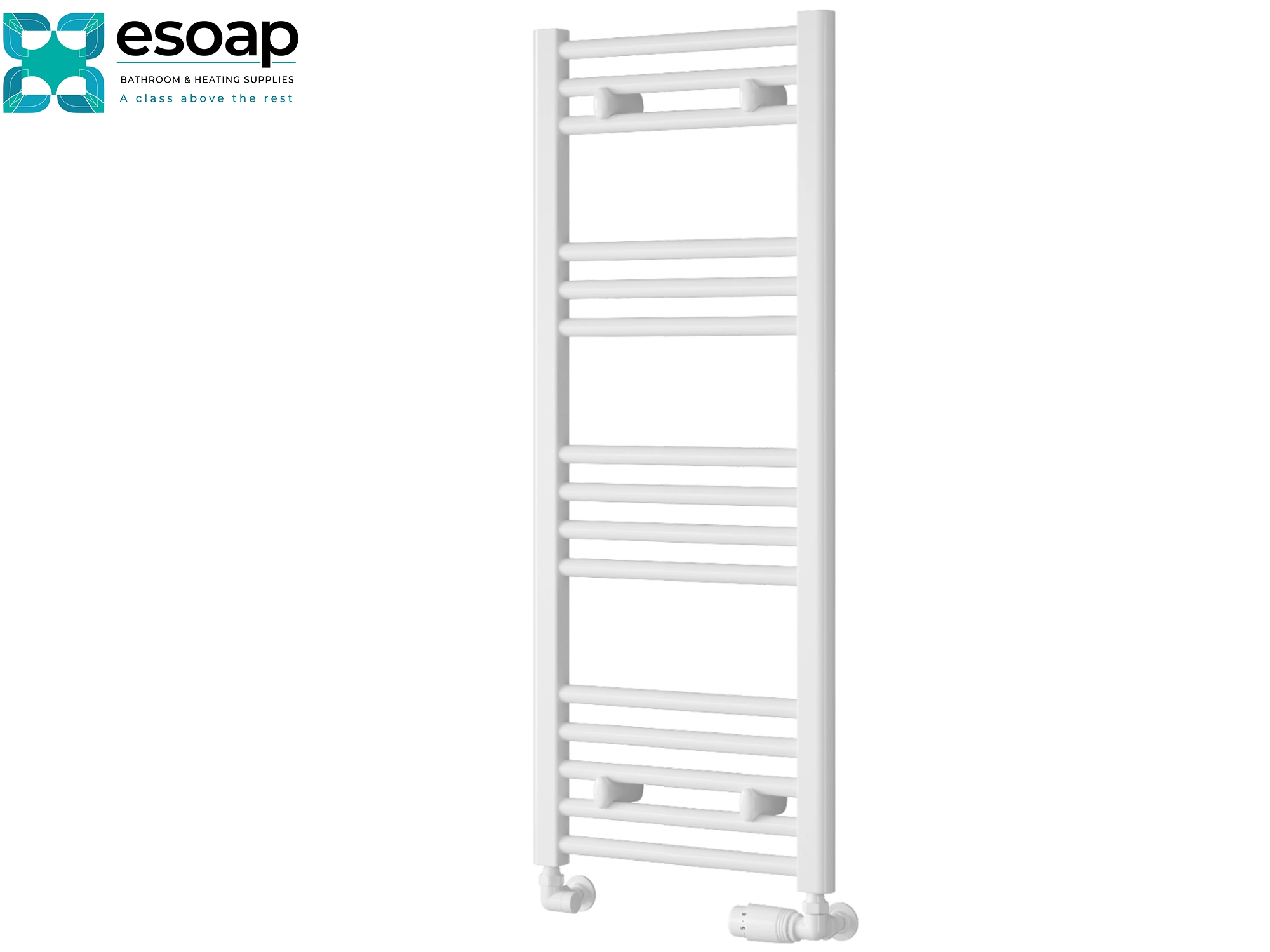 White towel radiator 1000x400 on a white background with Esoap branding.