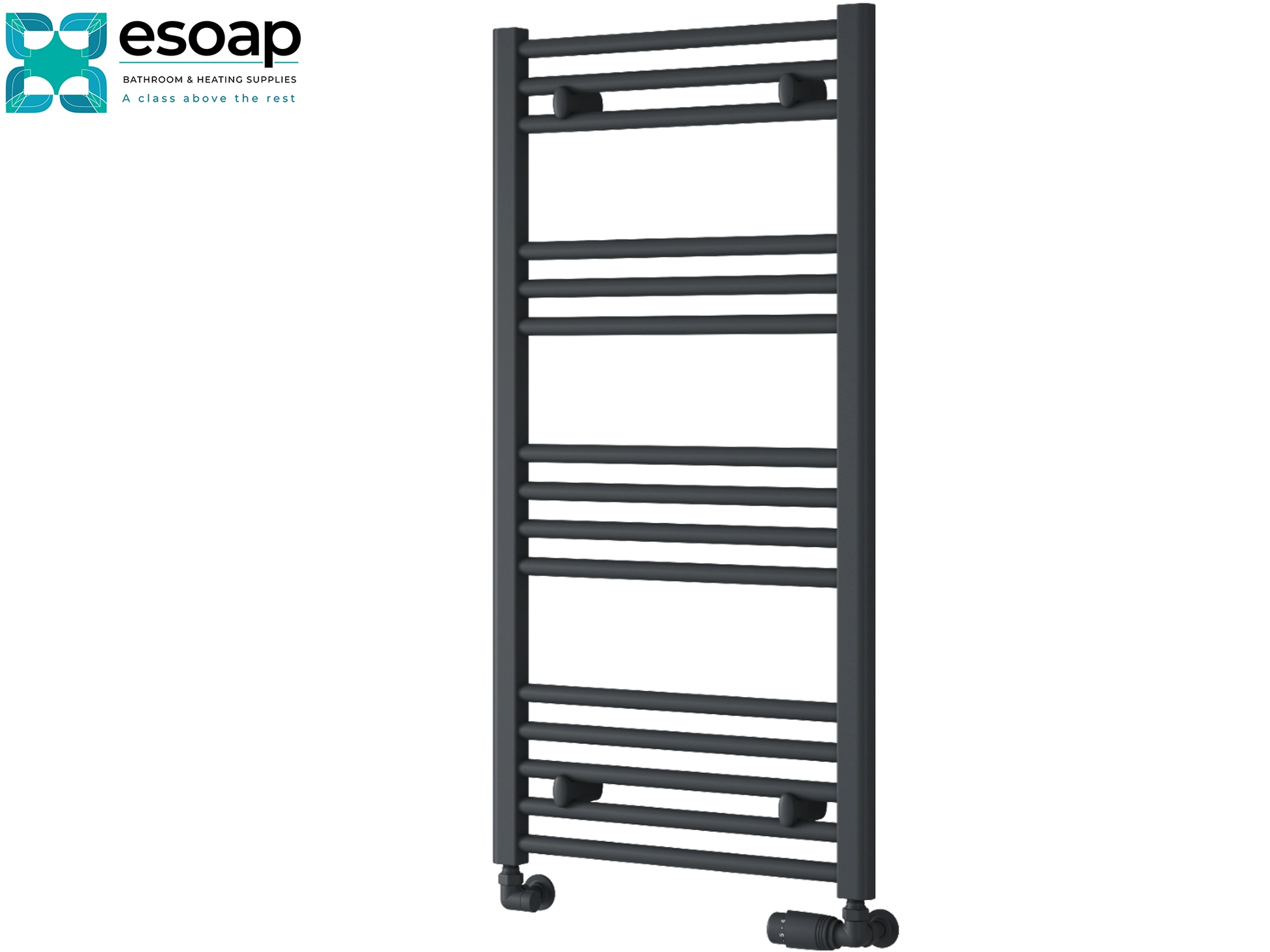 anthracite towel radiator 1000 x 500 on white background with esoap logo on top left