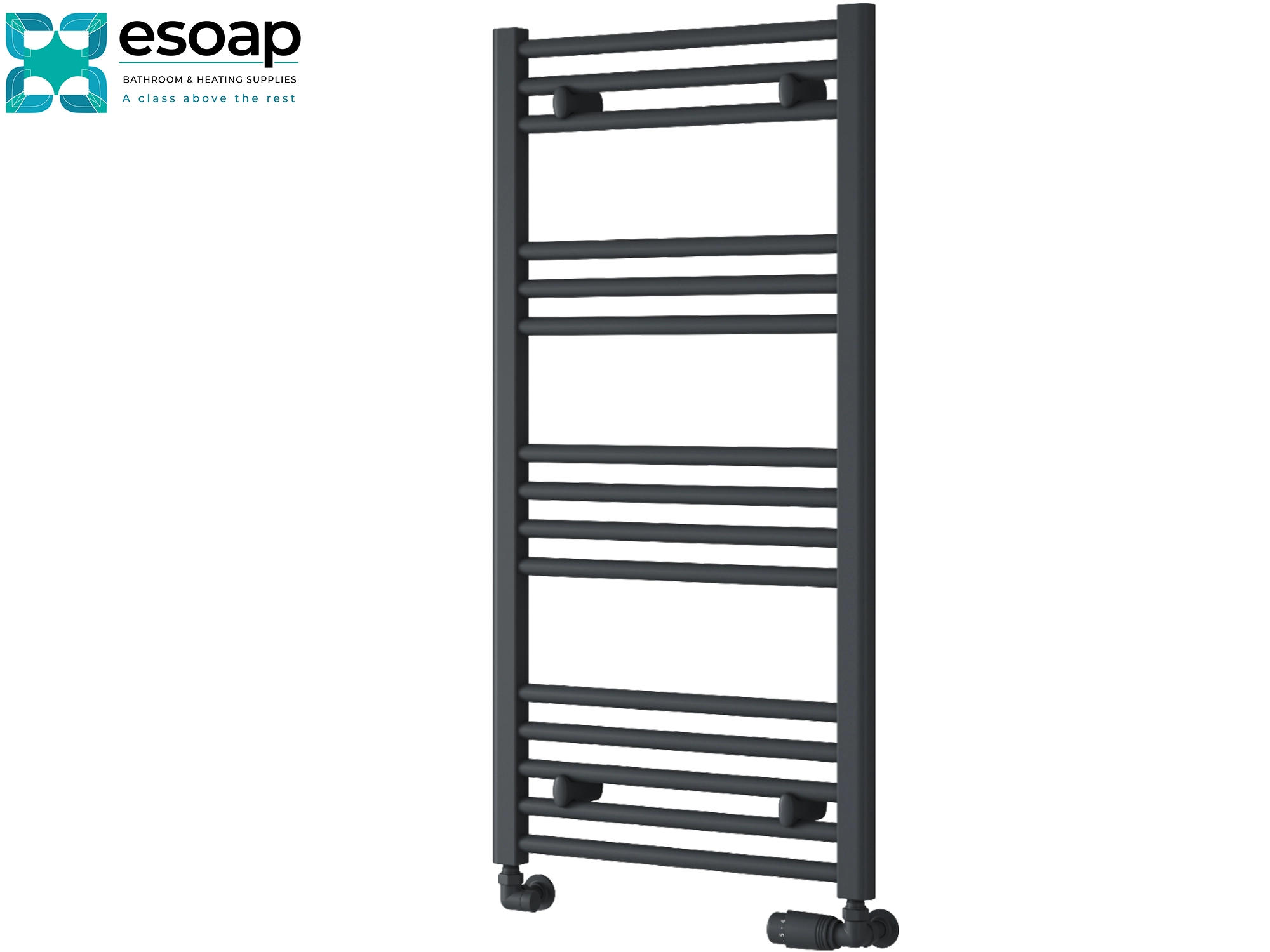 anthracite towel radiator 1000 x 500 on white background with esoap logo on top left
