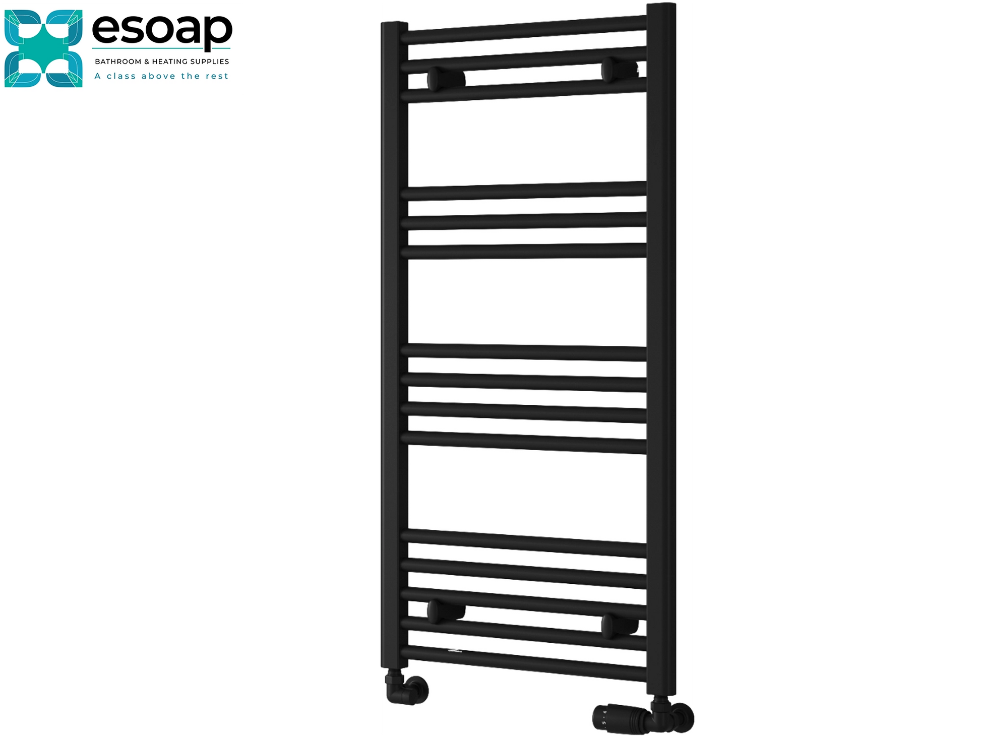 Black towel radiator 1000x500 on a white background with 'esoap' branding.