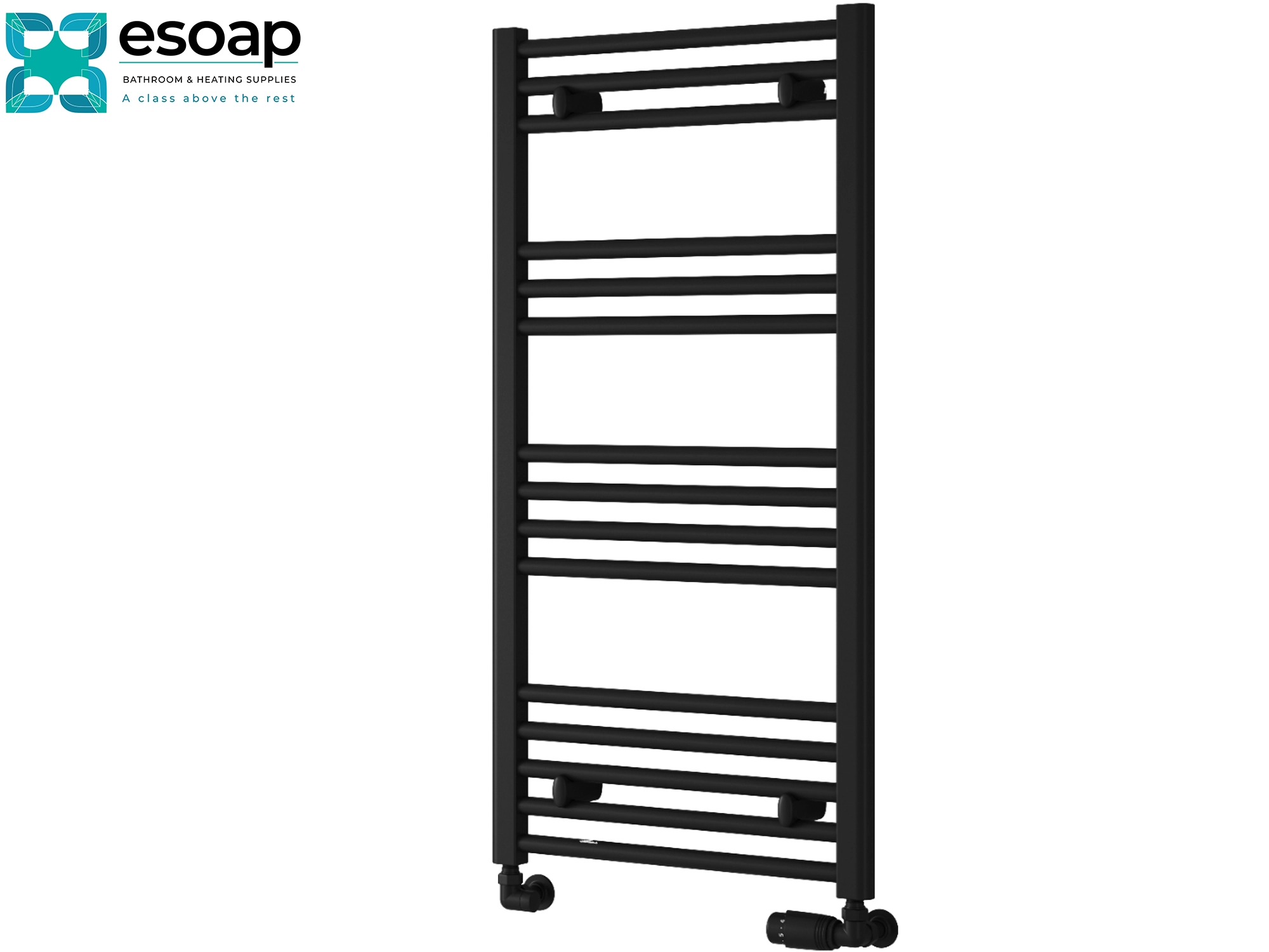 Black towel radiator 1000x500 on a white background with 'esoap' branding.