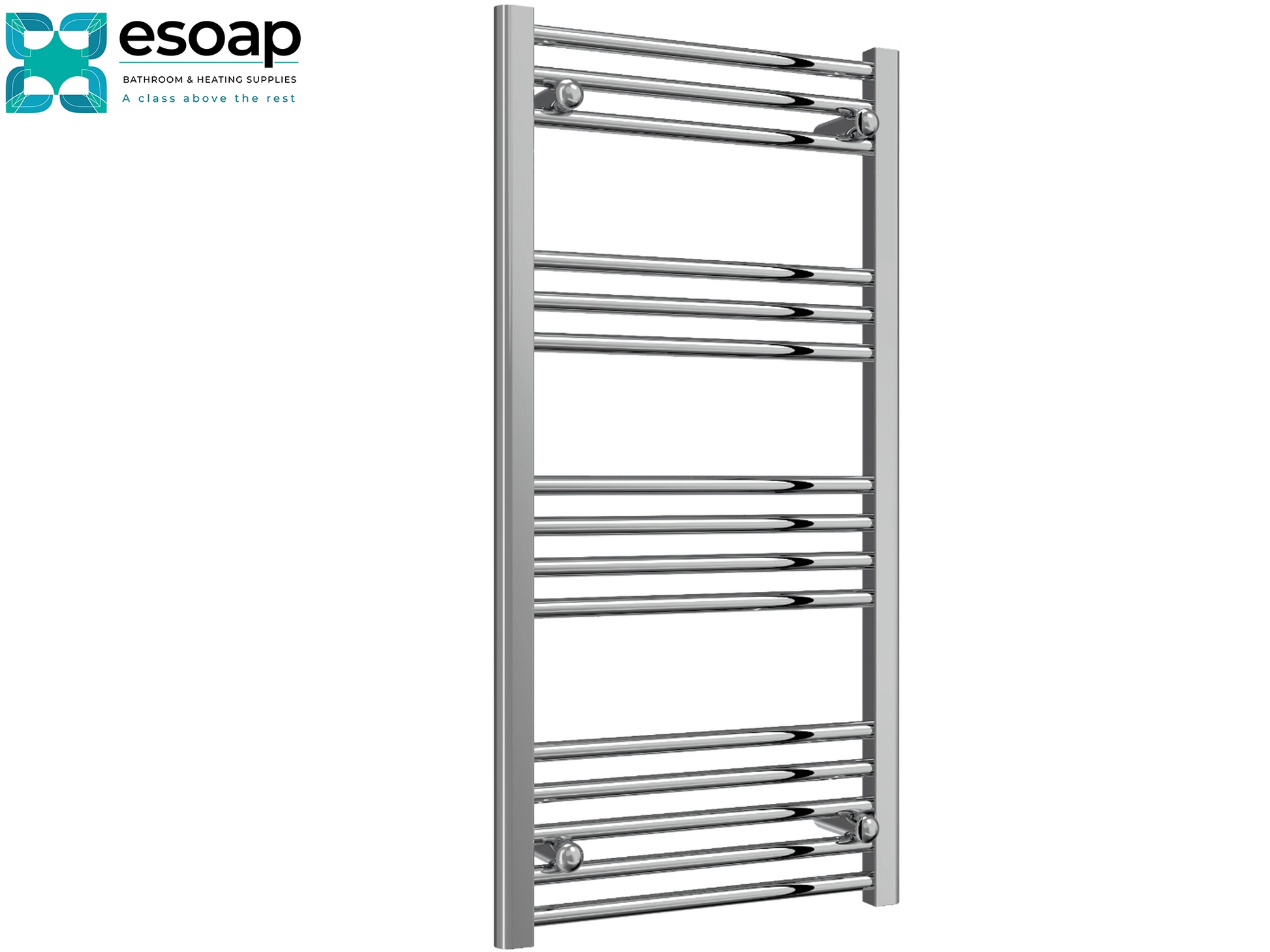 Chrome towel radiator 1000x500 on a white background with Esoap branding.