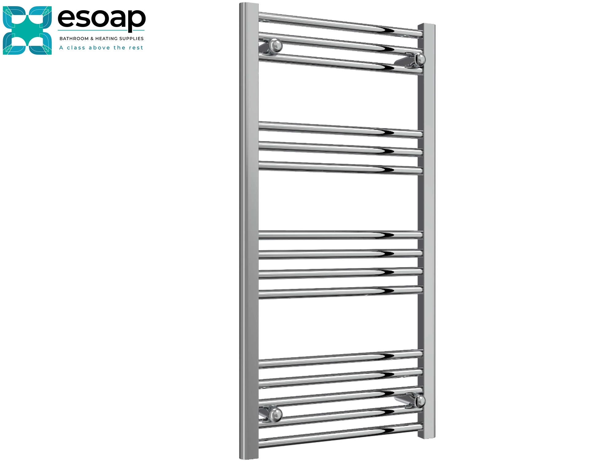 Chrome towel radiator 1000x500 on a white background with Esoap branding.