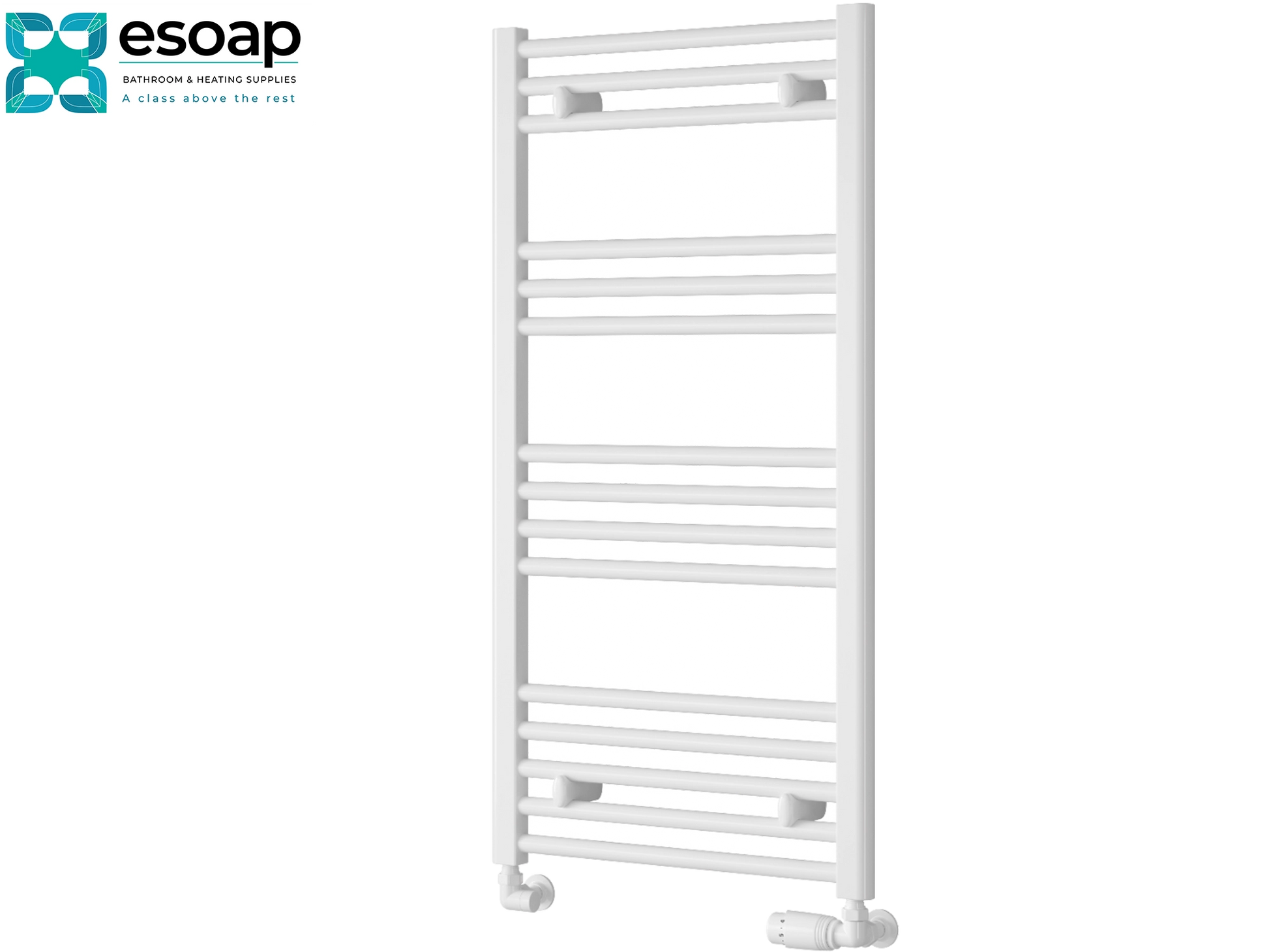 White towel radiator 1000 x 500 on a white background with Esoap branding.