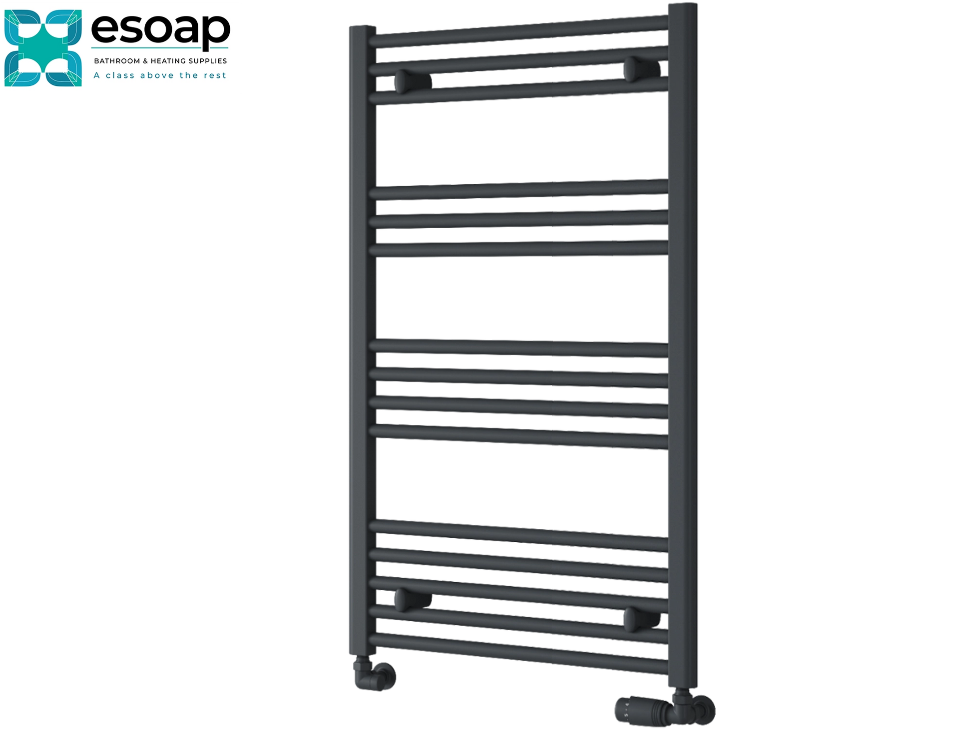 anthracite towel radiator 1000x600 on a white background with 'esoap' branding.