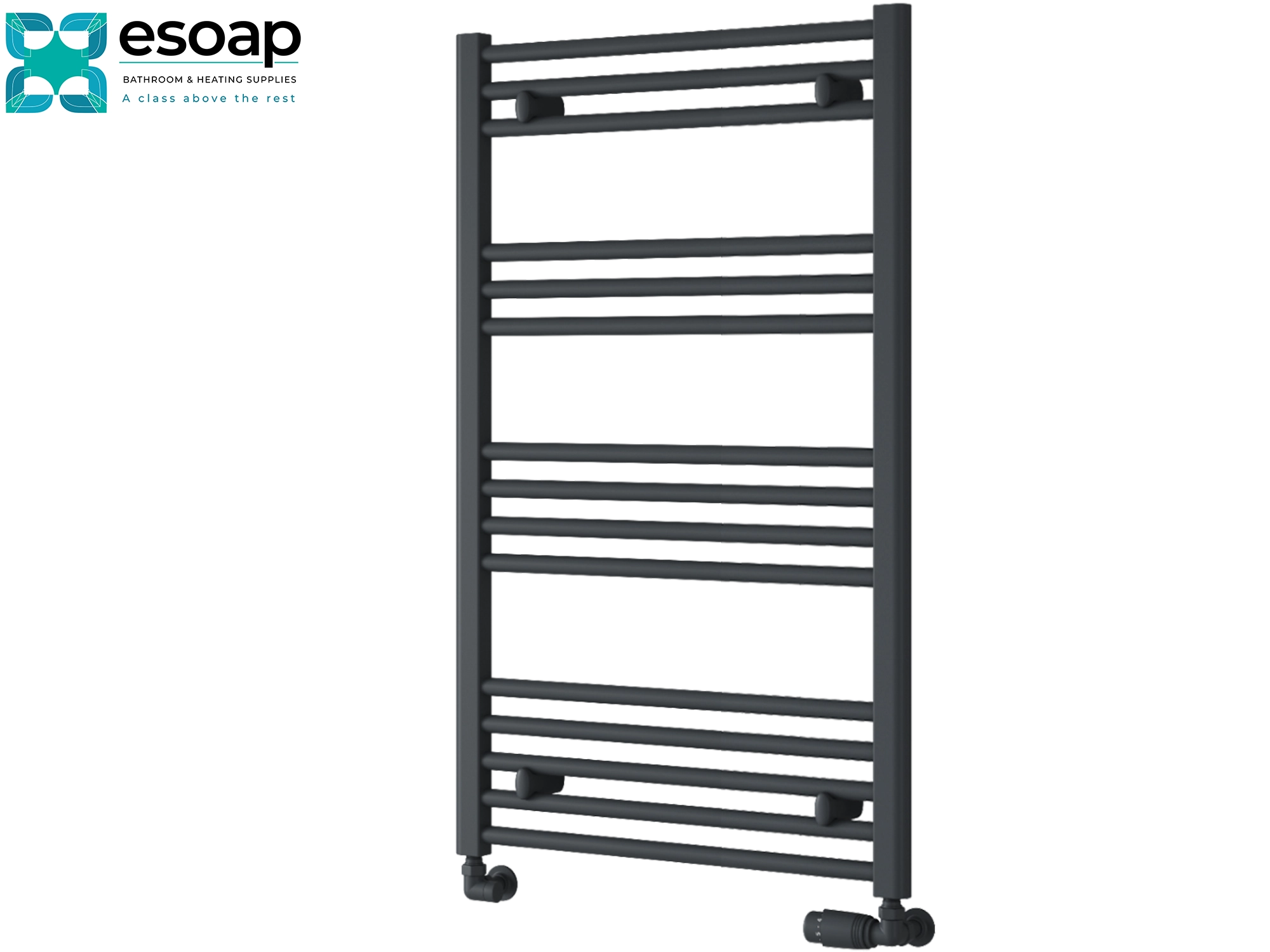 anthracite towel radiator 1000x600 on a white background with 'esoap' branding.