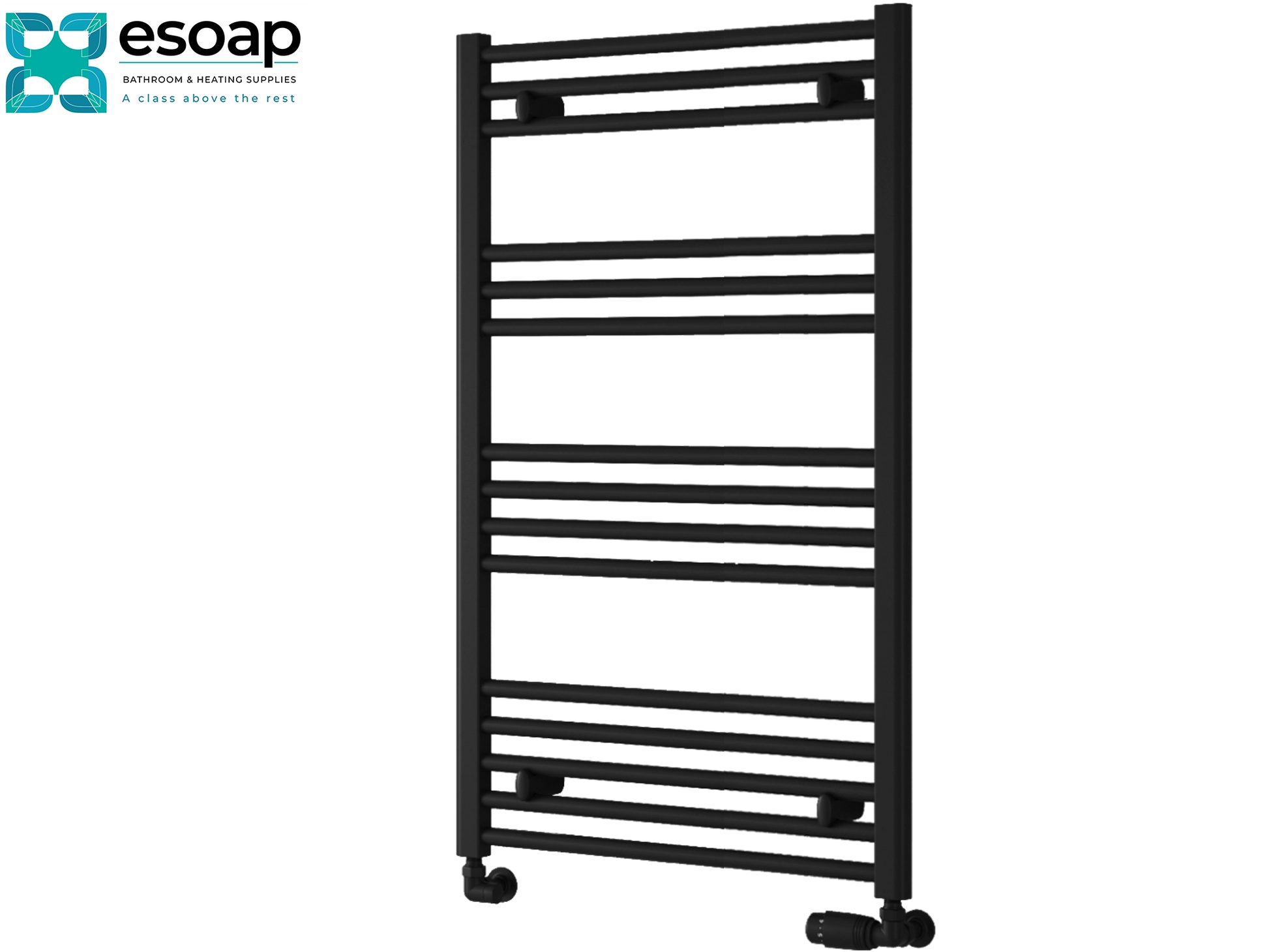 Black towel radiator 1000 x 600 on a white background with 'esoap' branding.