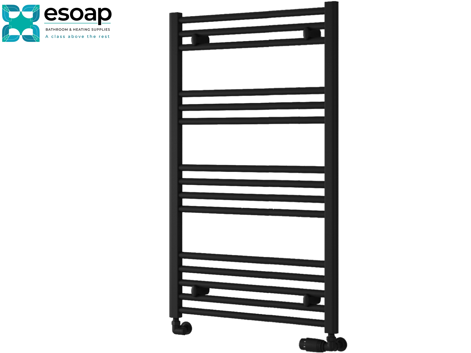 Black towel radiator 1000 x 600 on a white background with 'esoap' branding.