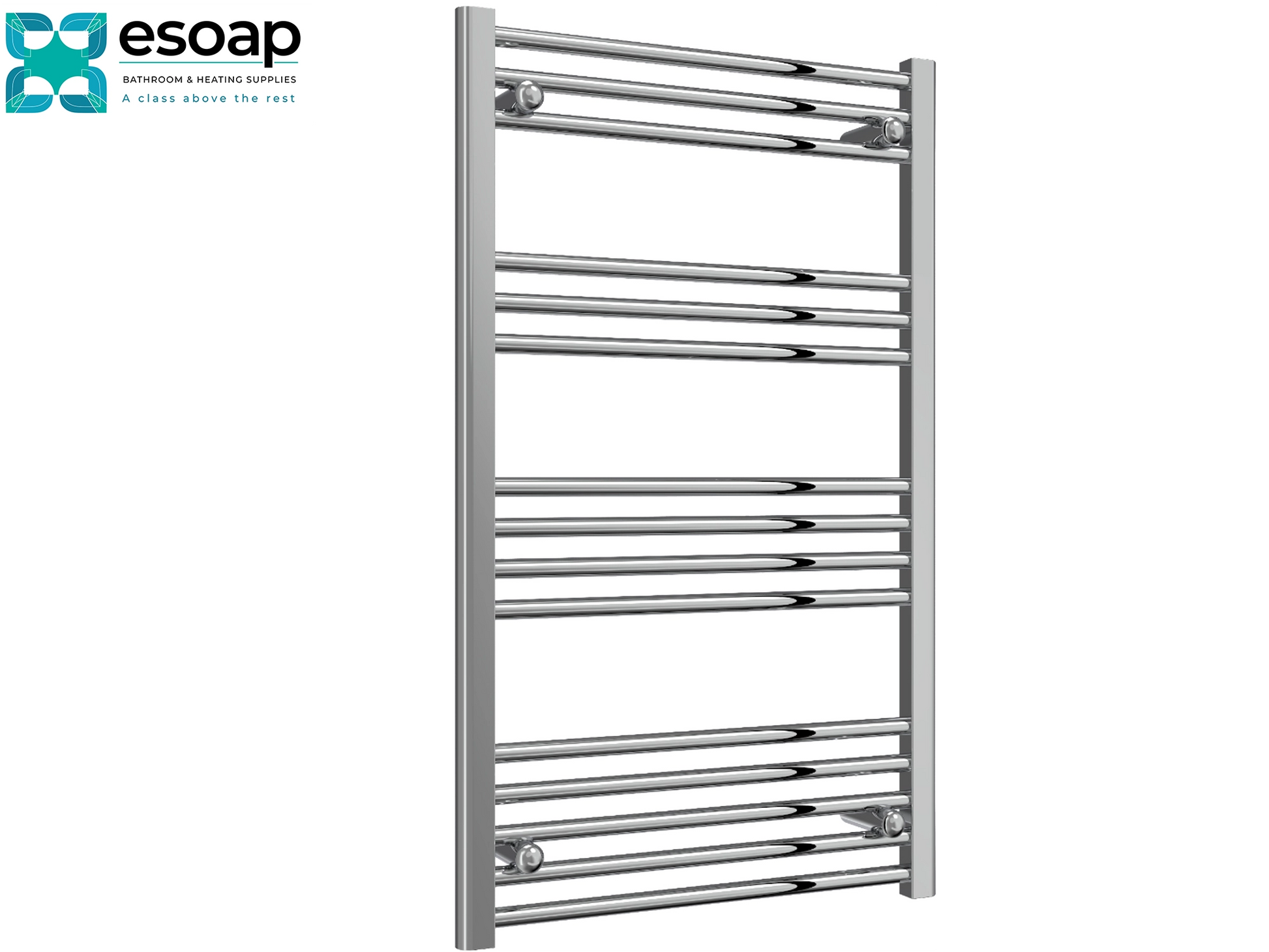 Chrome towel radiator 1000 x 600 on a white background with Esoap branding.