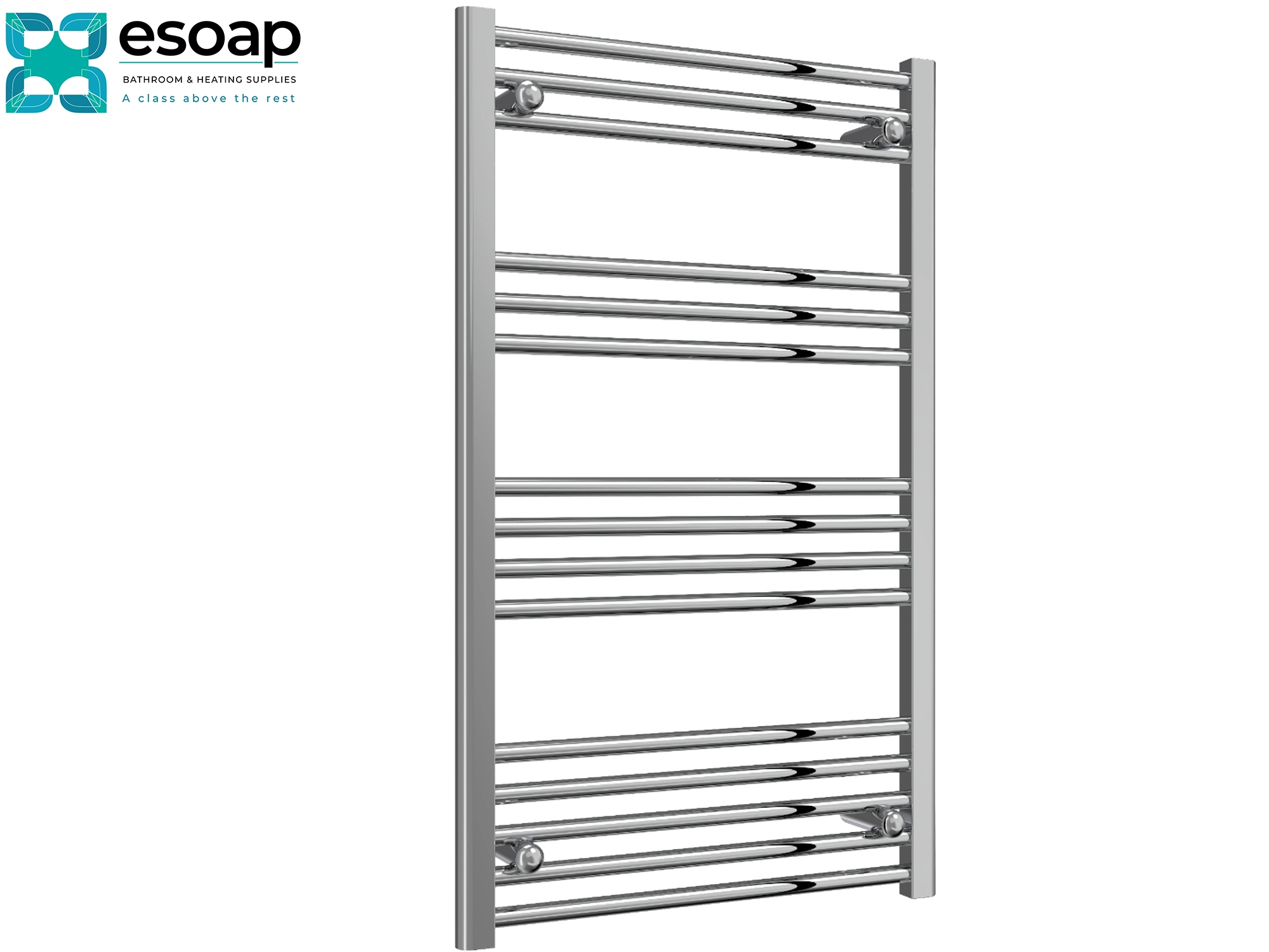 Chrome towel radiator 1000 x 600 on a white background with Esoap branding.