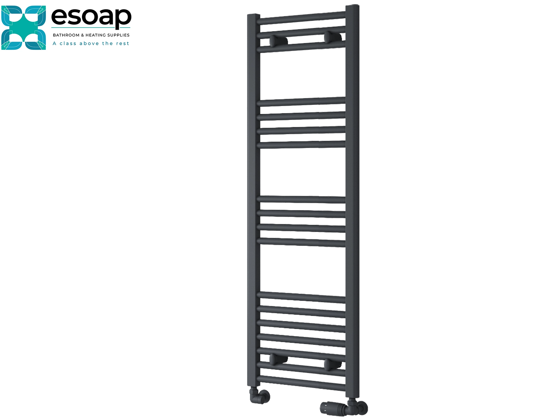 Anthracite towel radiator 1200 x 400 on white background with esoap logo featured on top