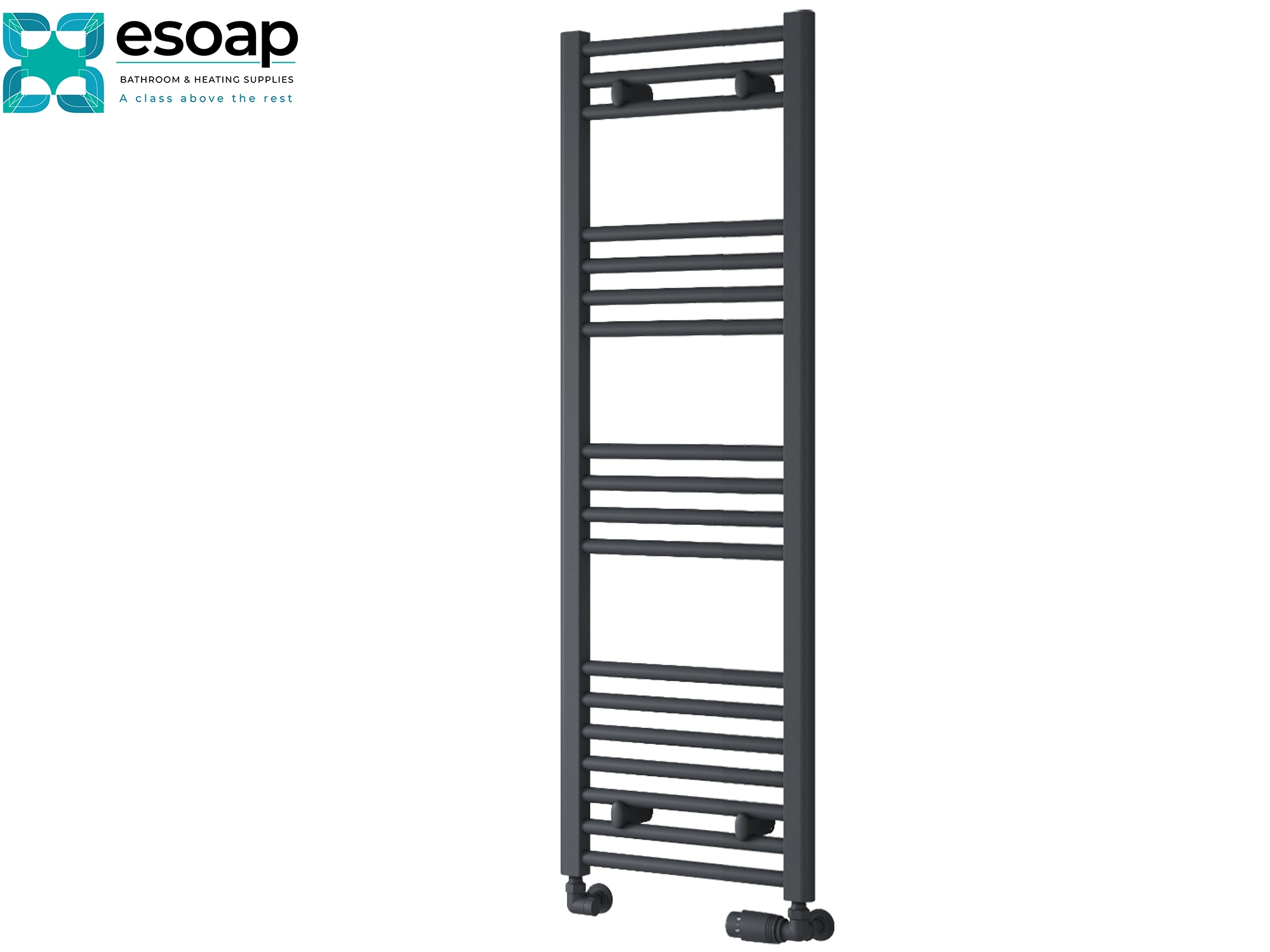 Anthracite towel radiator 1200 x 400 on white background with esoap logo featured on top