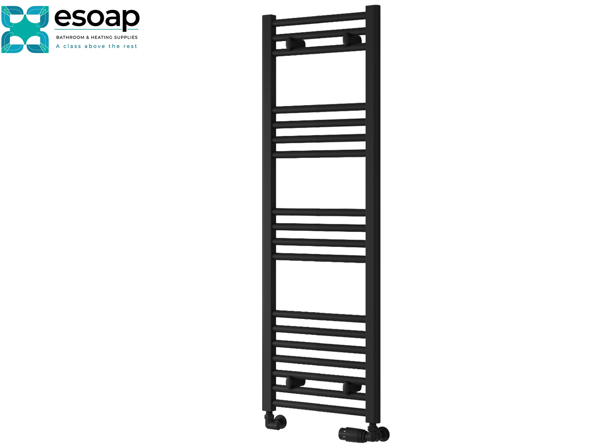 black towel radiator 1200 x 400 in a white background with esoap logo featured on top