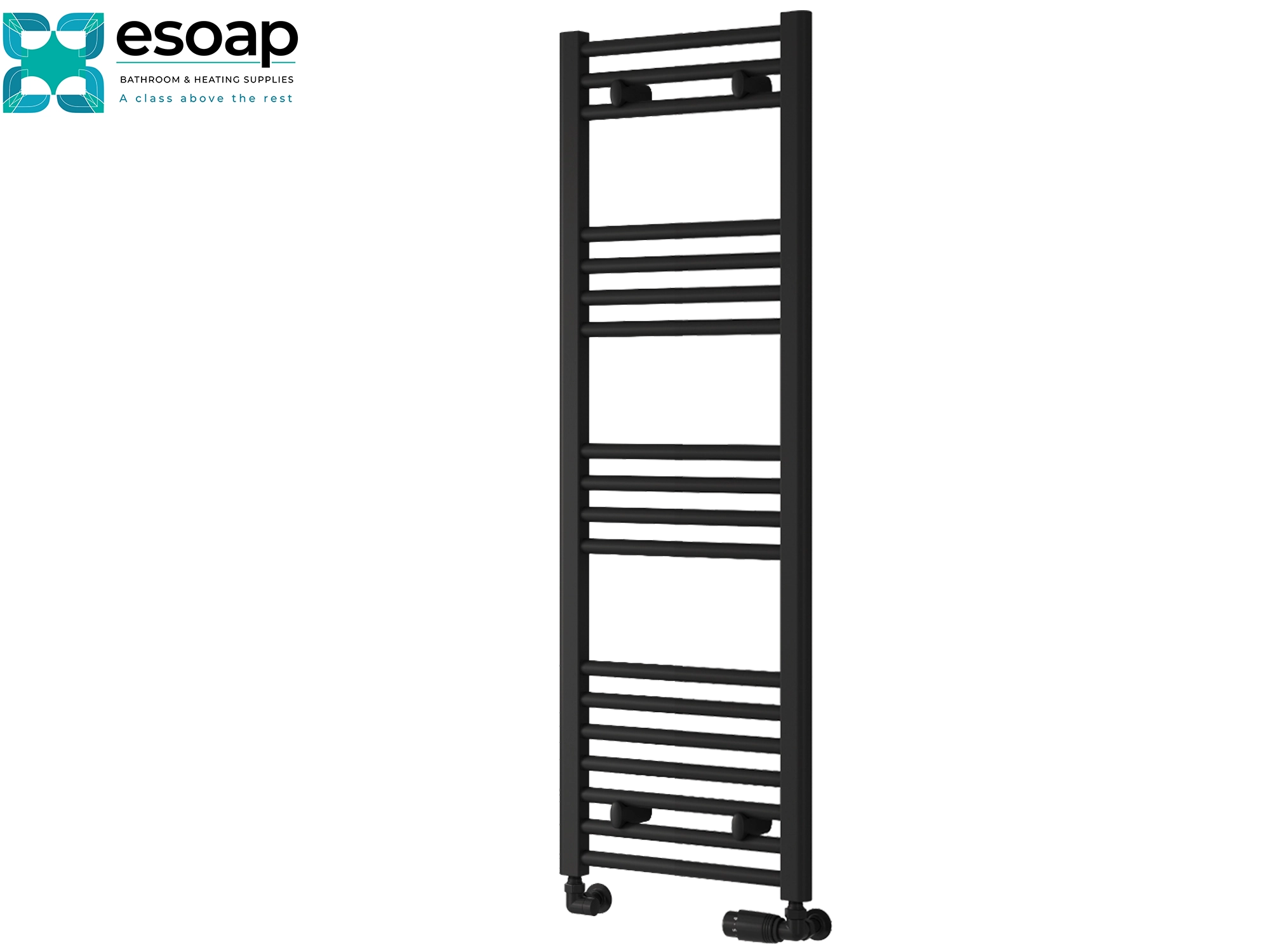 black towel radiator 1200 x 400 in a white background with esoap logo featured on top