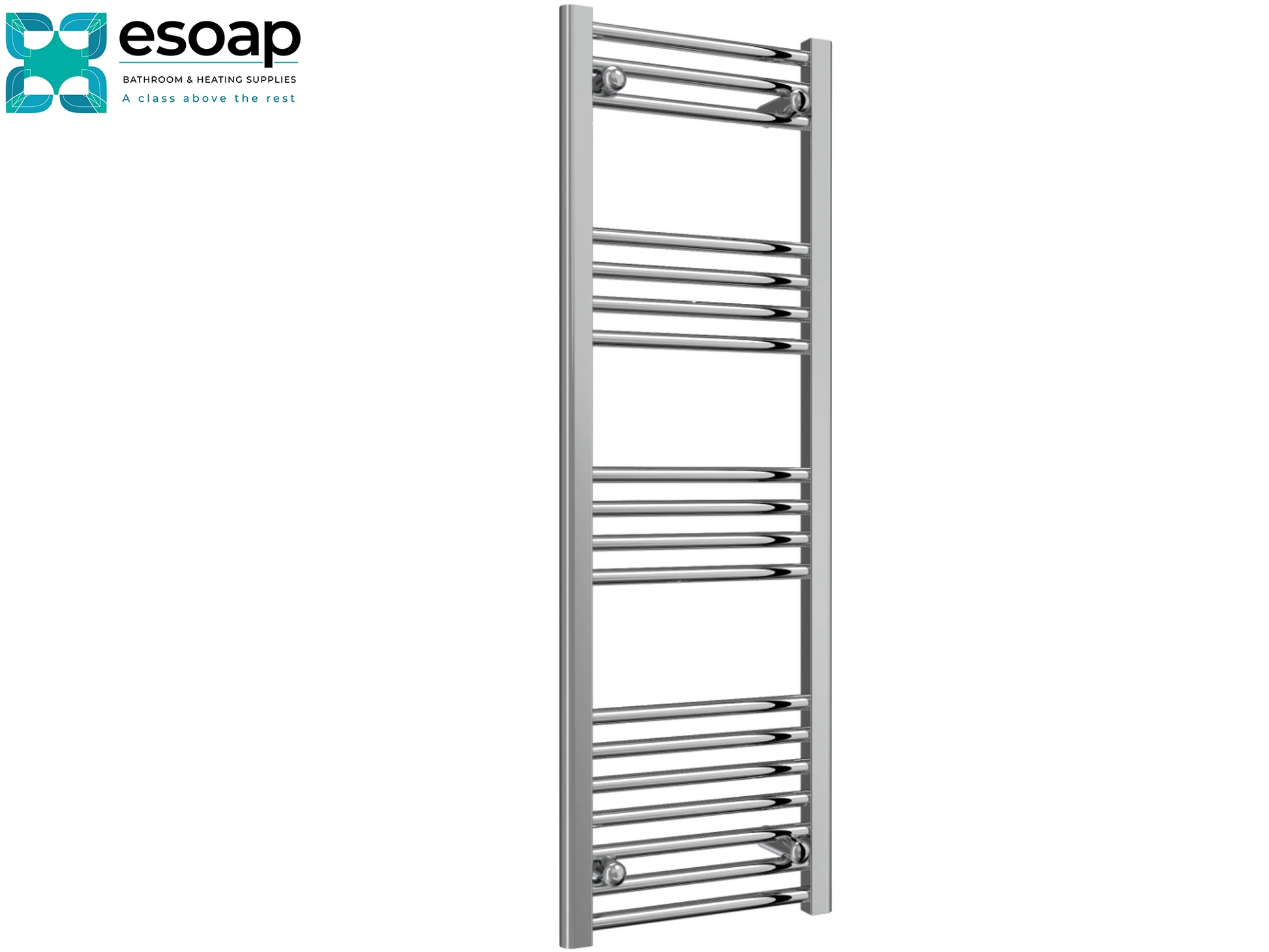 Chrome towel radiator 1200 x 400 on a white background with 'esoap' branding.