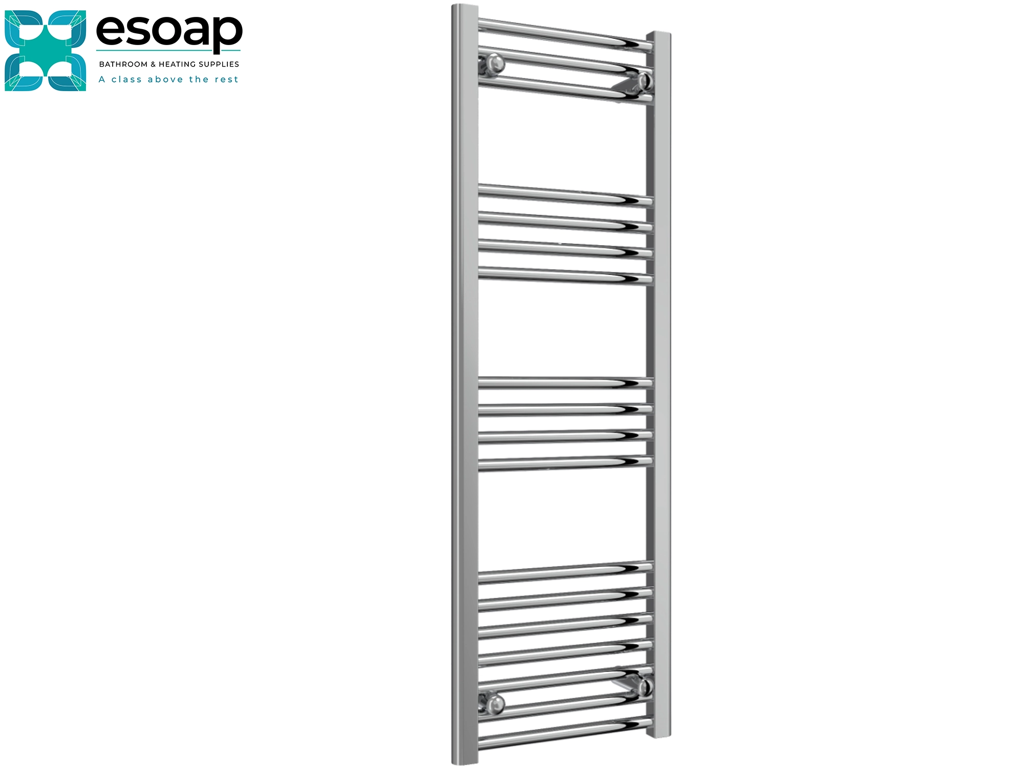 Chrome towel radiator 1200 x 400 on a white background with 'esoap' branding.