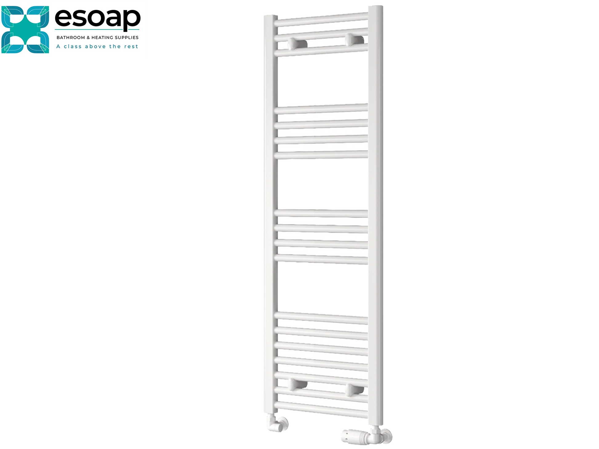 White towel radiator 1200 x 400  on a white background with Esoap branding.