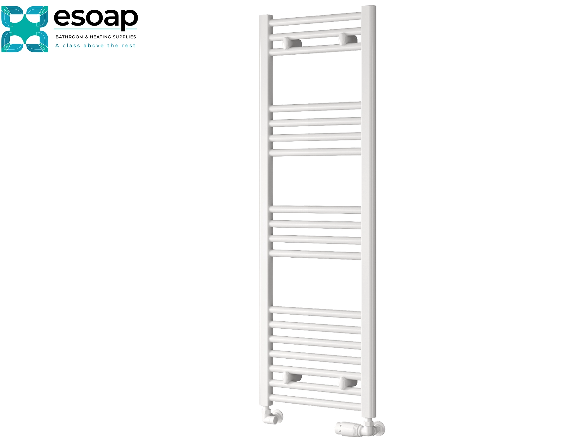 White towel radiator 1200 x 400  on a white background with Esoap branding.