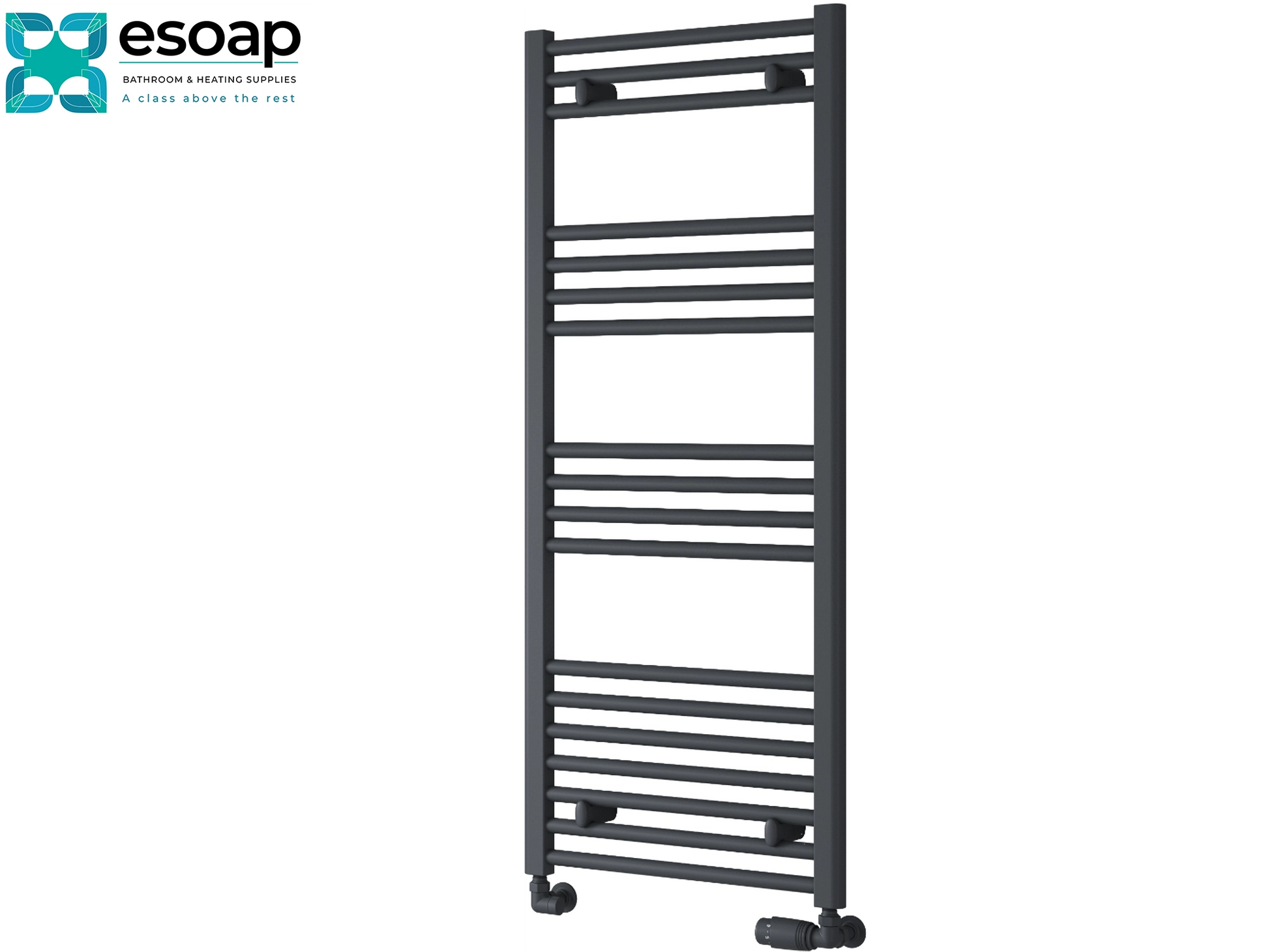 Black towel radiator 1200 x 500 on a white background with 'esoap' branding.