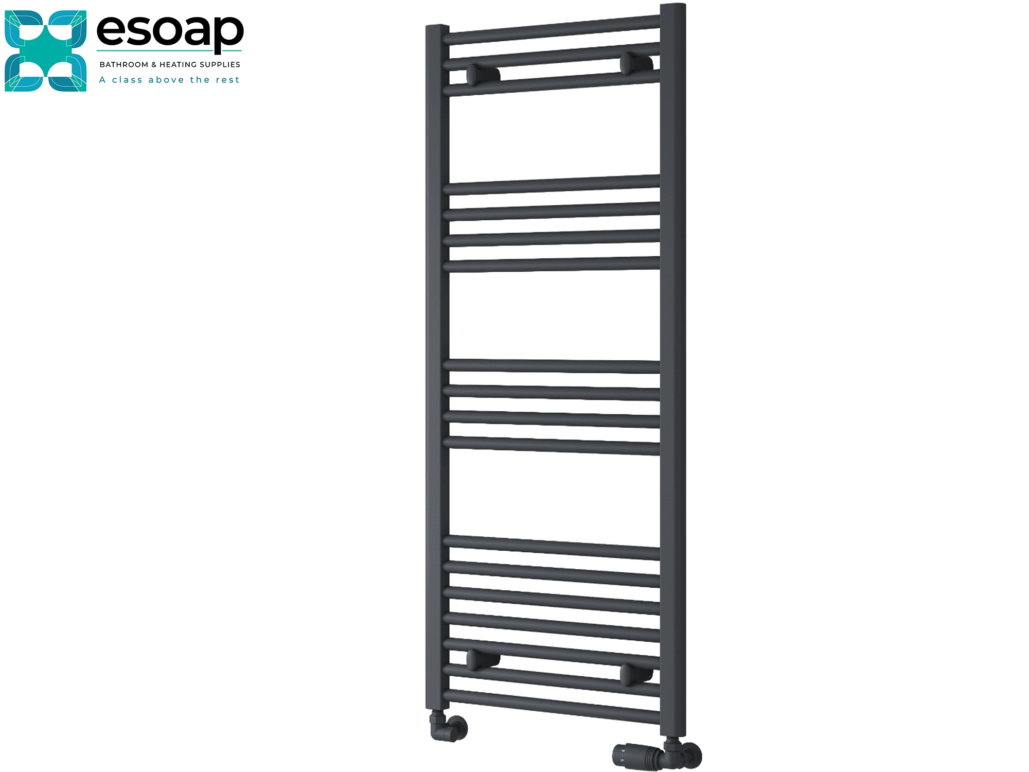 Black towel radiator 1200 x 500 on a white background with 'esoap' branding.