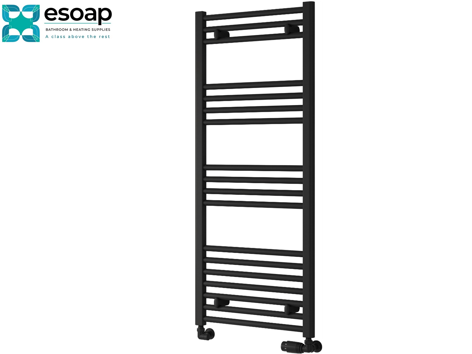 Black towel radiator 1200 x 500 on a white background with 'esoap' branding.