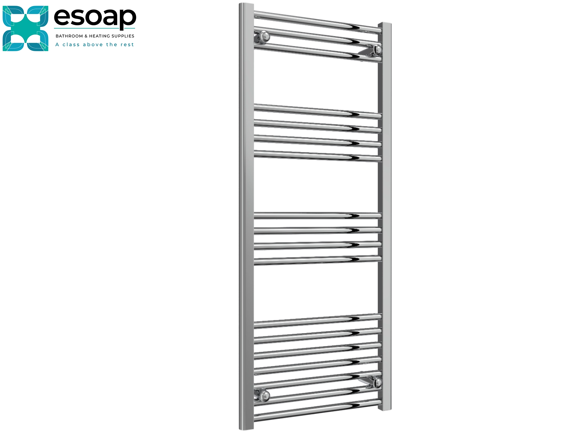 Chrome towel radiator 1200 x 500 on a white background with Esoap branding.
