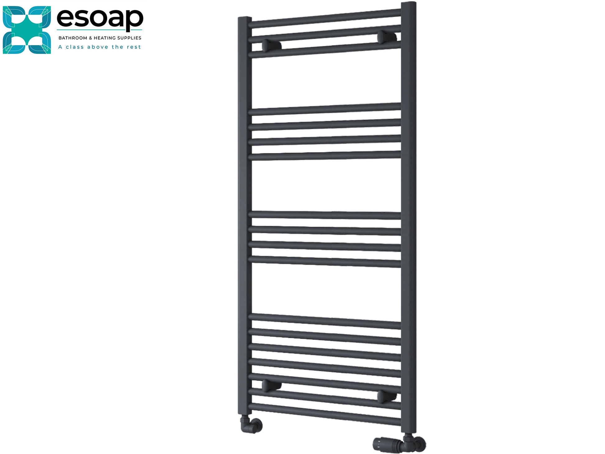 Black towel radiator 1200 x 600 on a white background with 'esoap' branding.