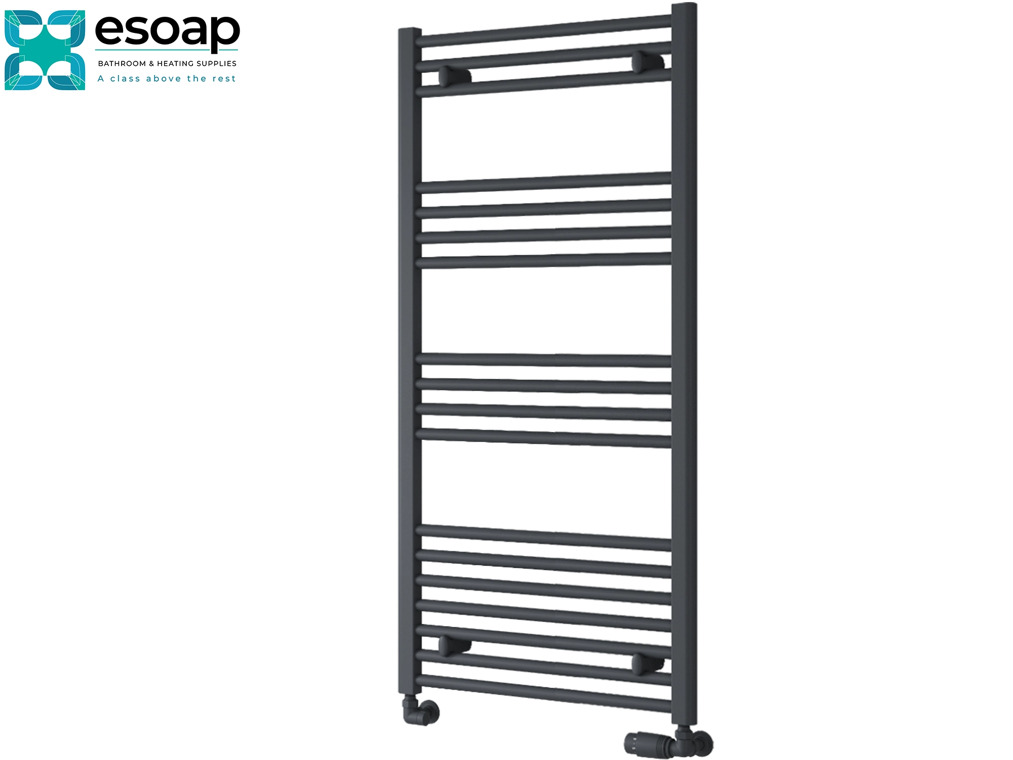 Black towel radiator 1200 x 600 on a white background with 'esoap' branding.