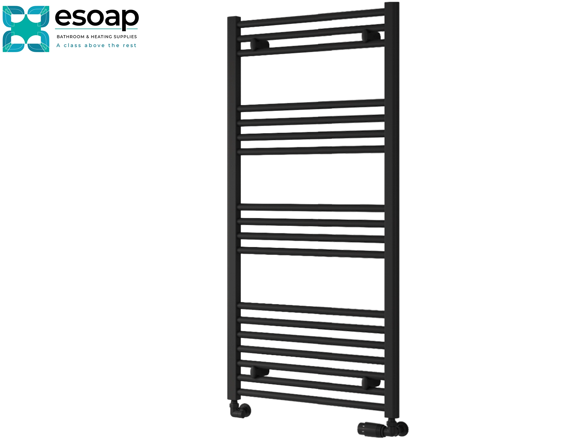 Black towel radiator 1200 x 600 on a white background with 'esoap' branding.