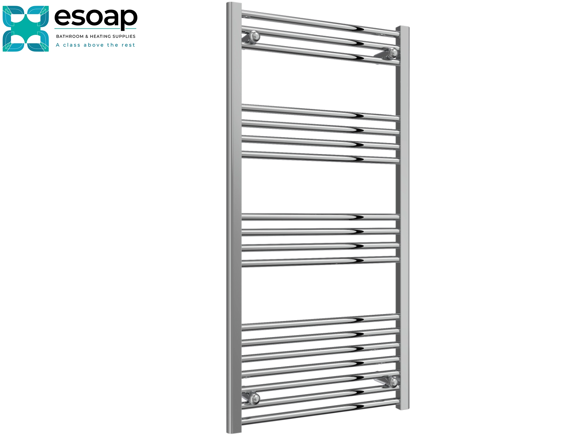 Chrome towel radiator 1200 x 600 on a white background with Esoap branding.