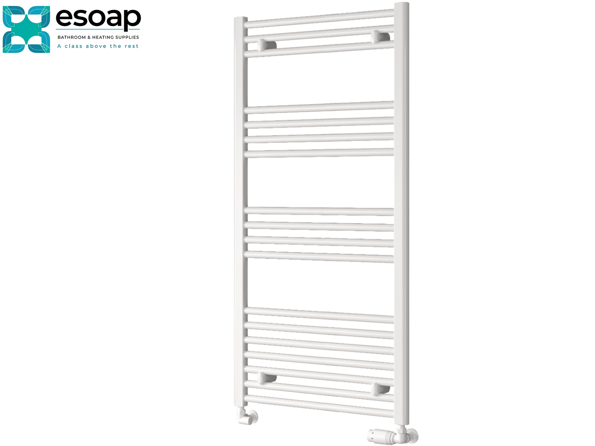 white towel radiator 1200 x 600 in a white background with a esoap logo featured on the background