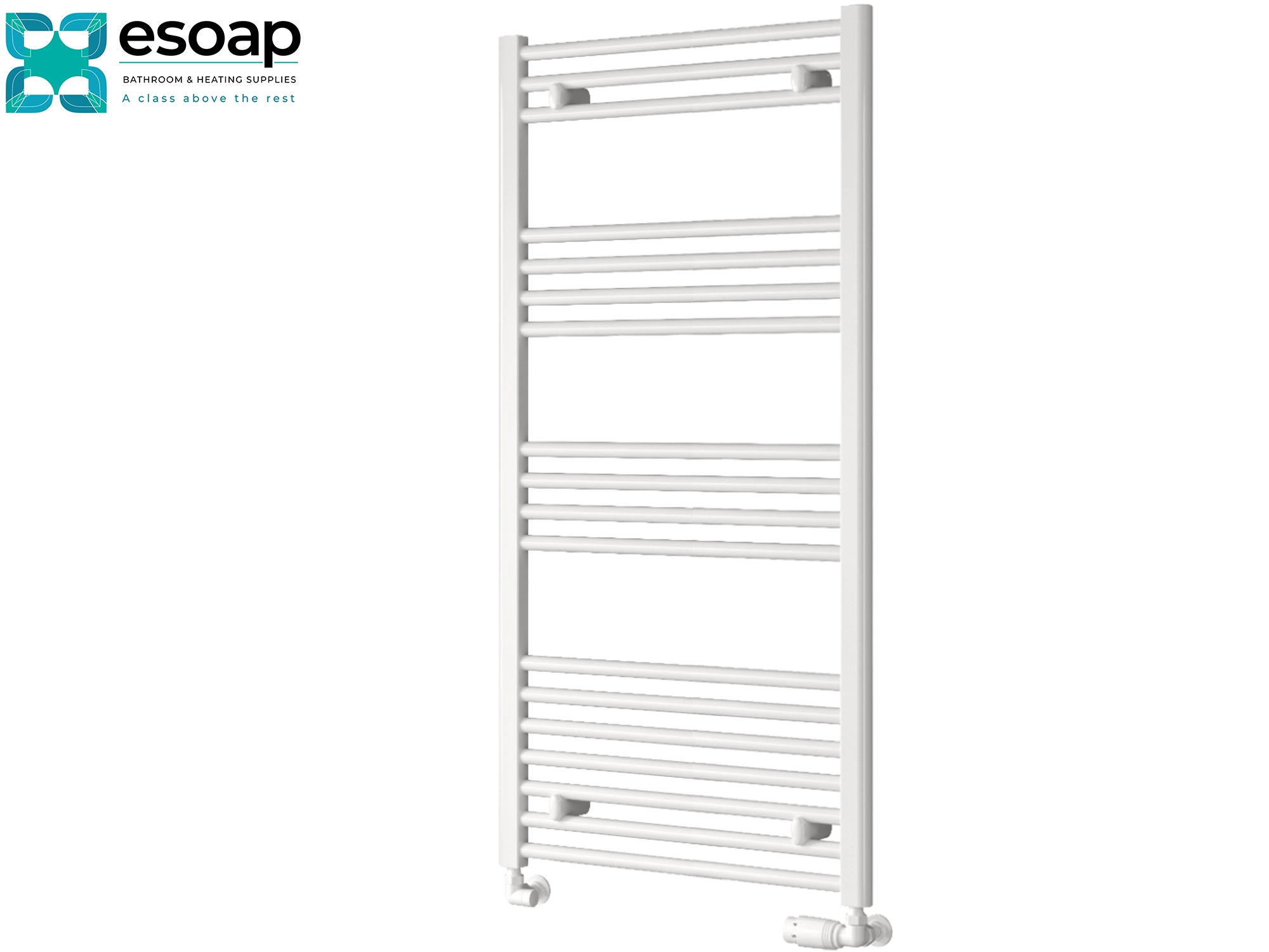 white towel radiator 1200 x 600 in a white background with a esoap logo featured on the background