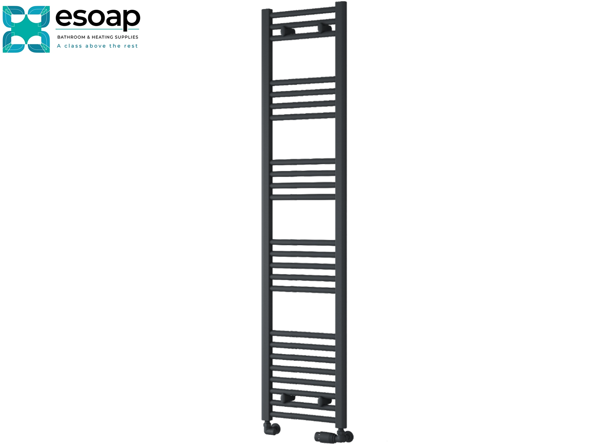Black towel radiator 1600 x 400 on a white background with 'esoap' branding.
