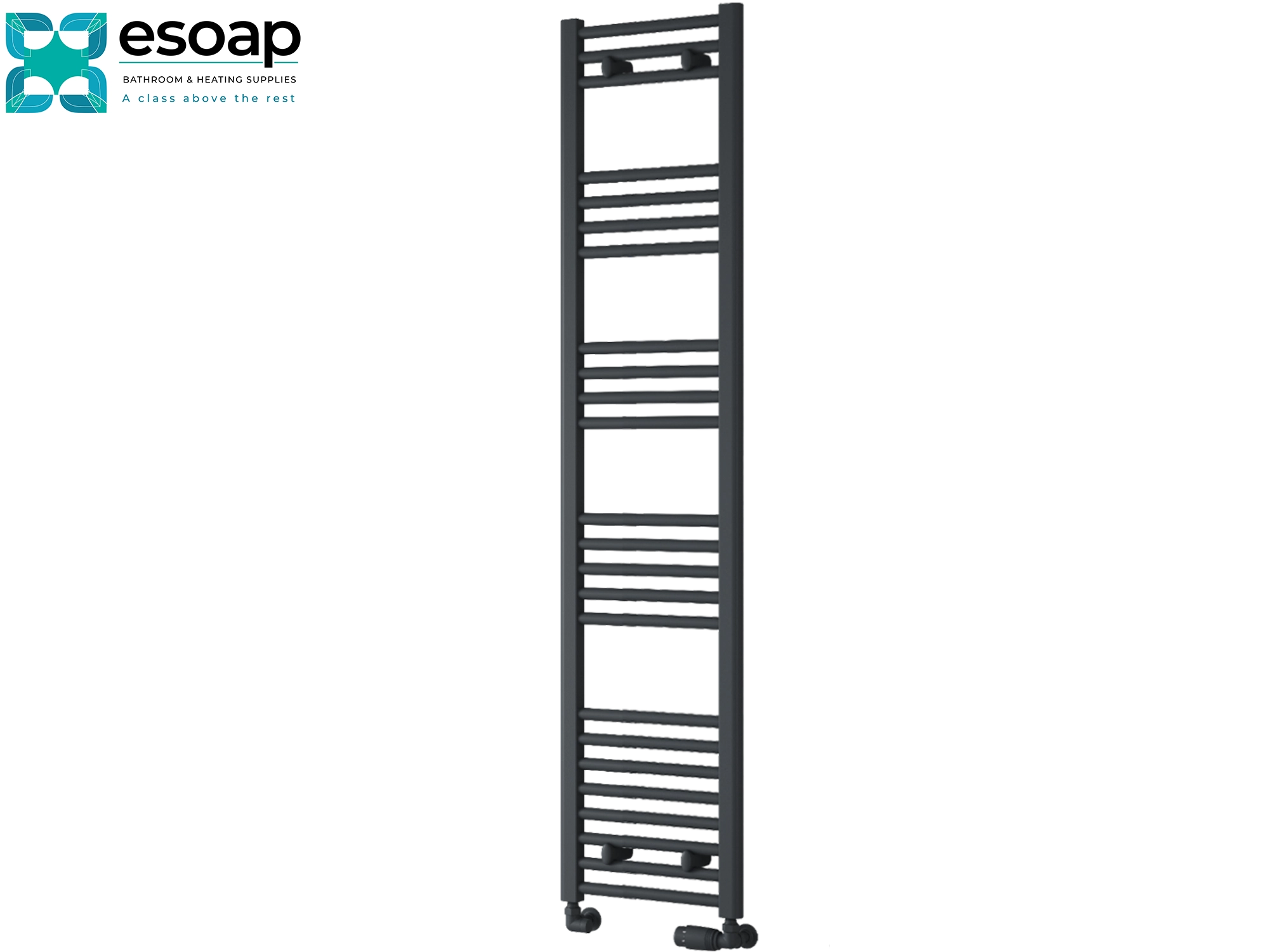 Black towel radiator 1600 x 400 on a white background with 'esoap' branding.