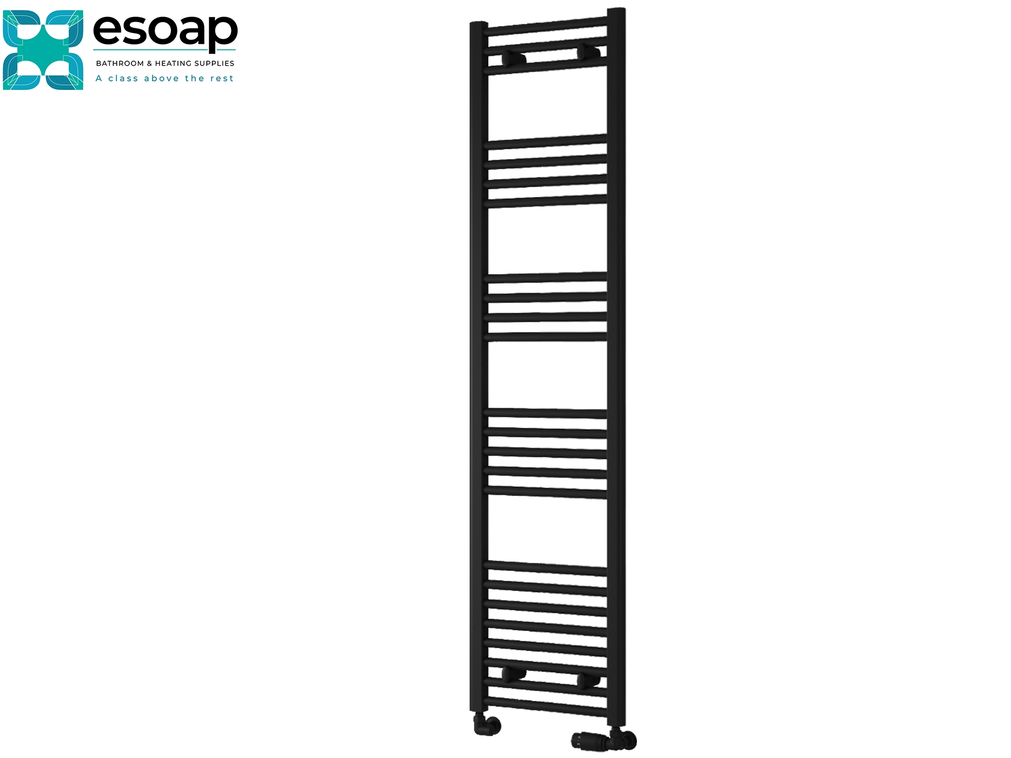 Black towel radiator 1600 x 400 on a white background with Esoap branding.