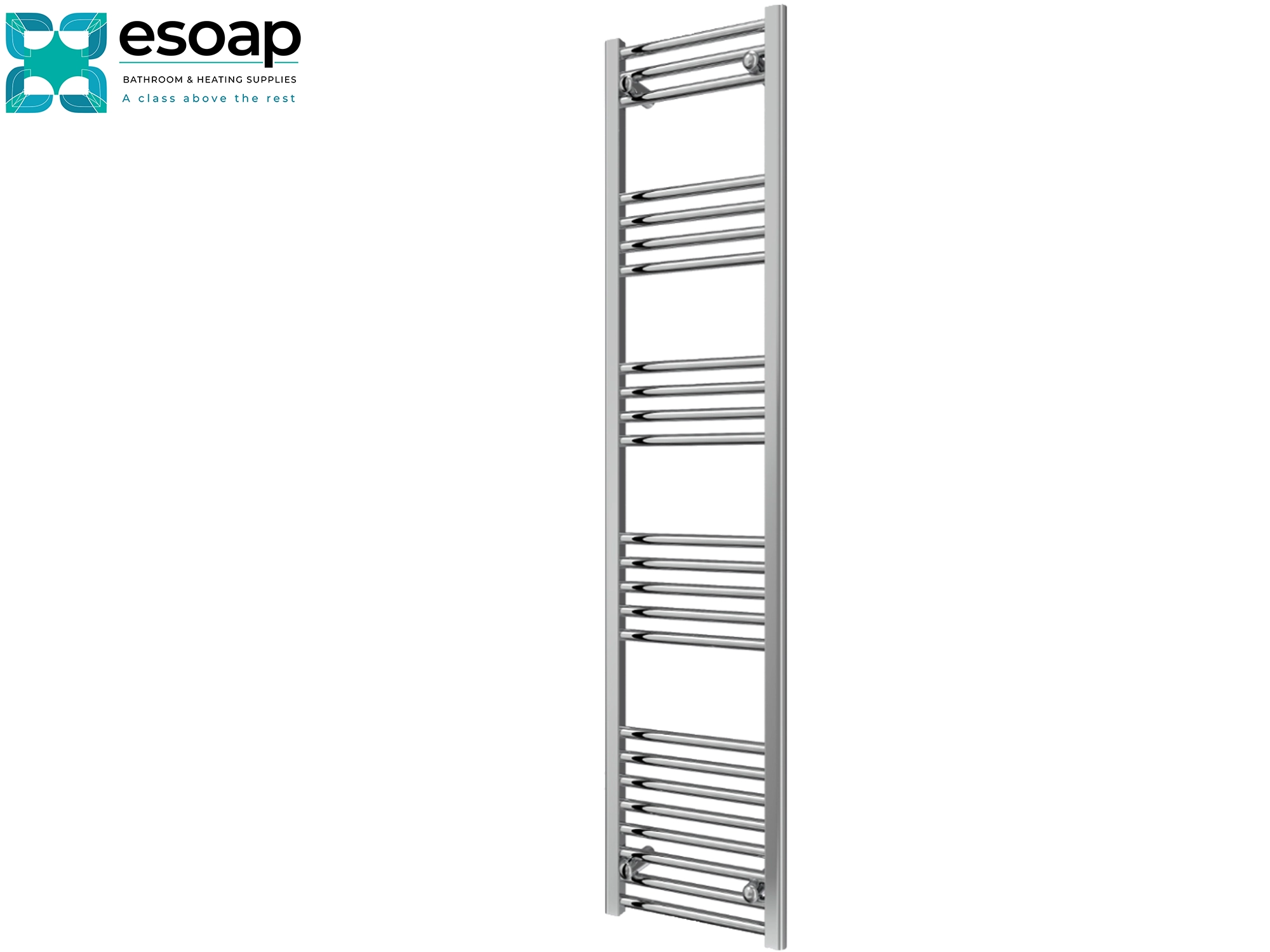 Chrome towel radiator 1600 x 400 on a white background with 'esoap' branding.
