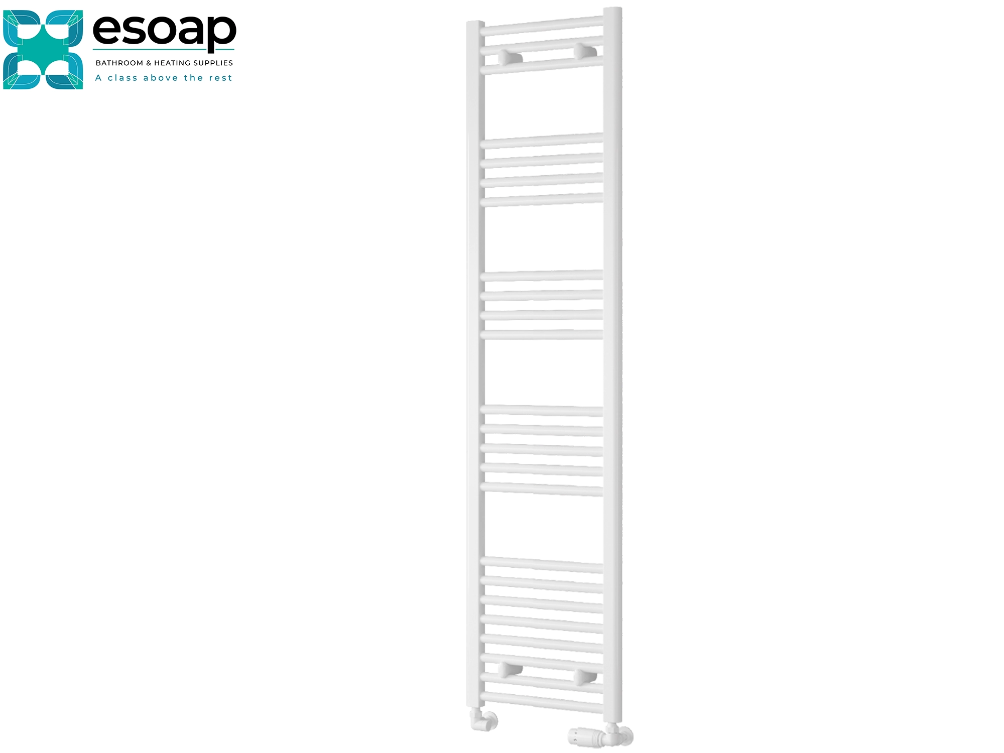 White towel radiator 1600 x 400 on a white background with Esoap branding.