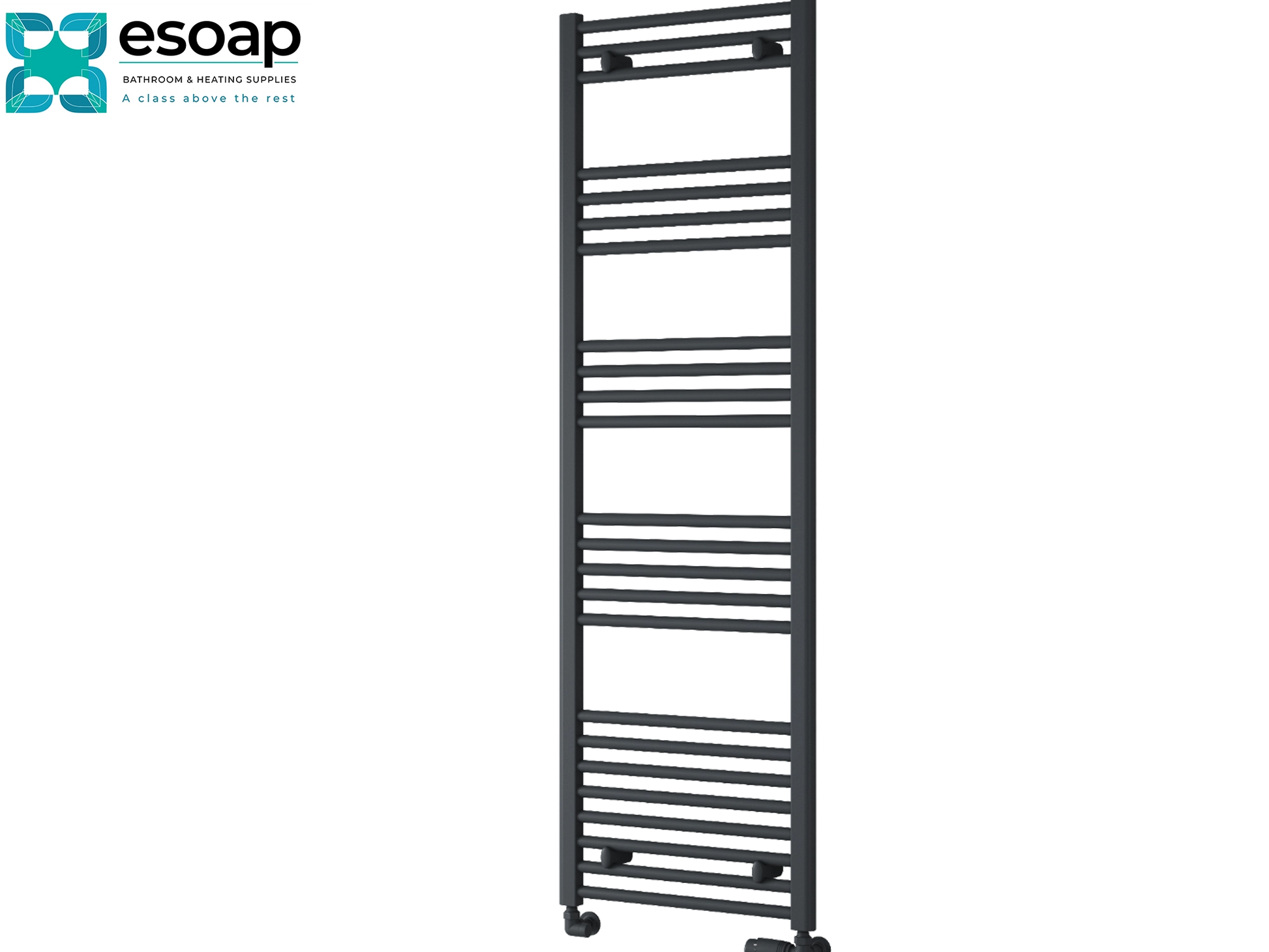 Anthracite Towel radiator 1600 x 500 on a white background with 'esoap' branding.