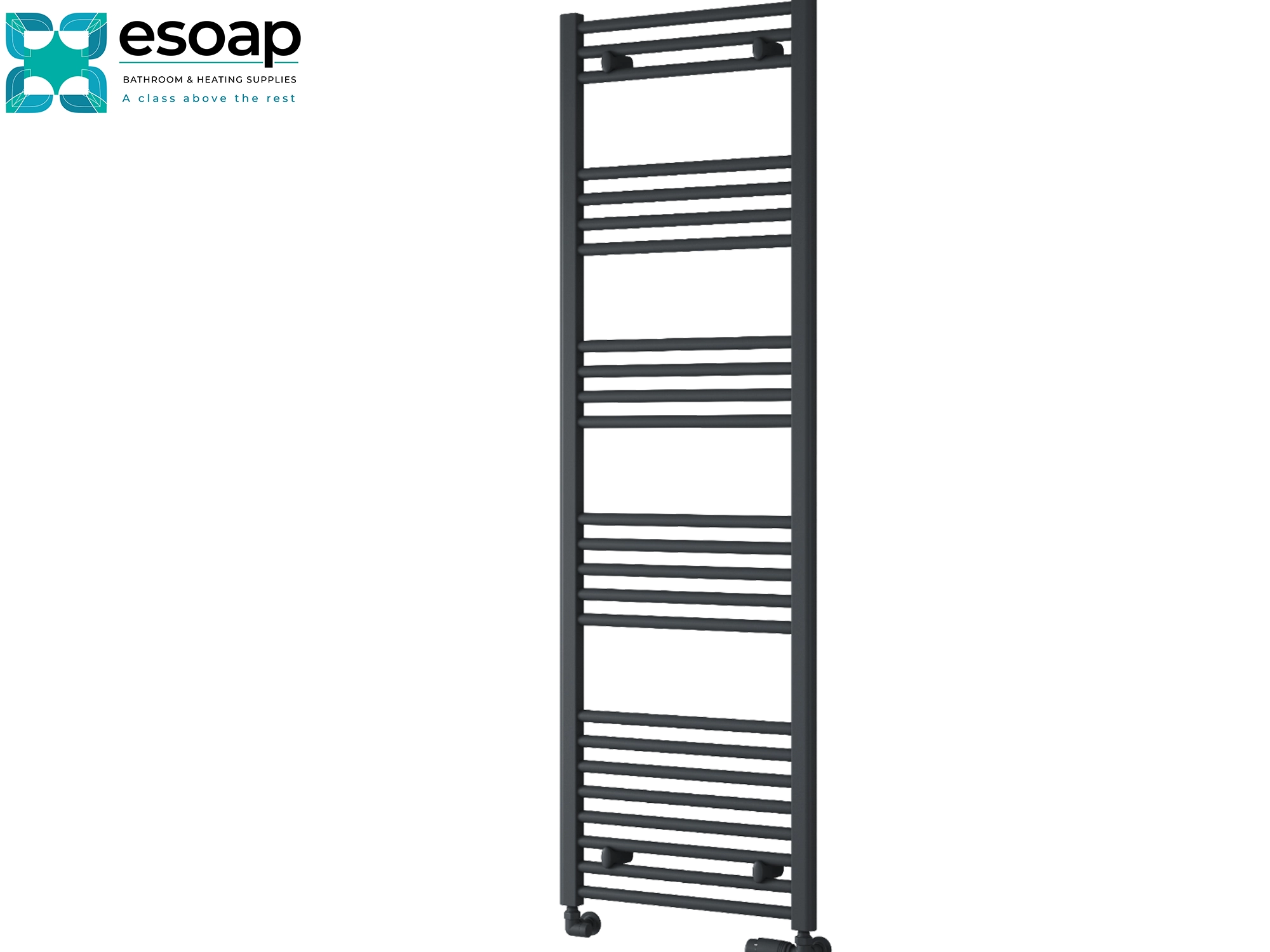 Anthracite Towel radiator 1600 x 500 on a white background with 'esoap' branding.