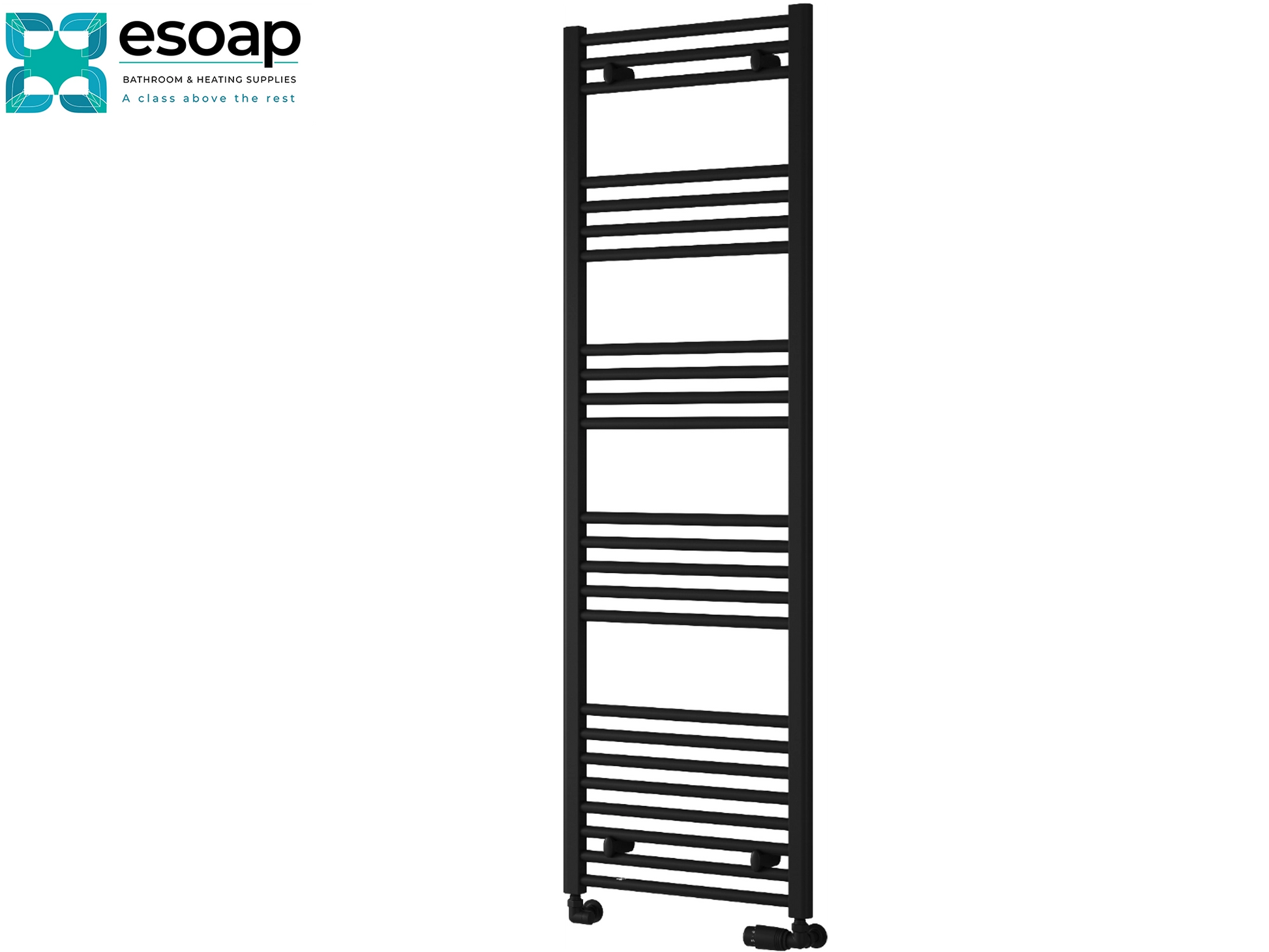 Black towel radiator 1600 x 500 on a white background with 'es Soap' branding.