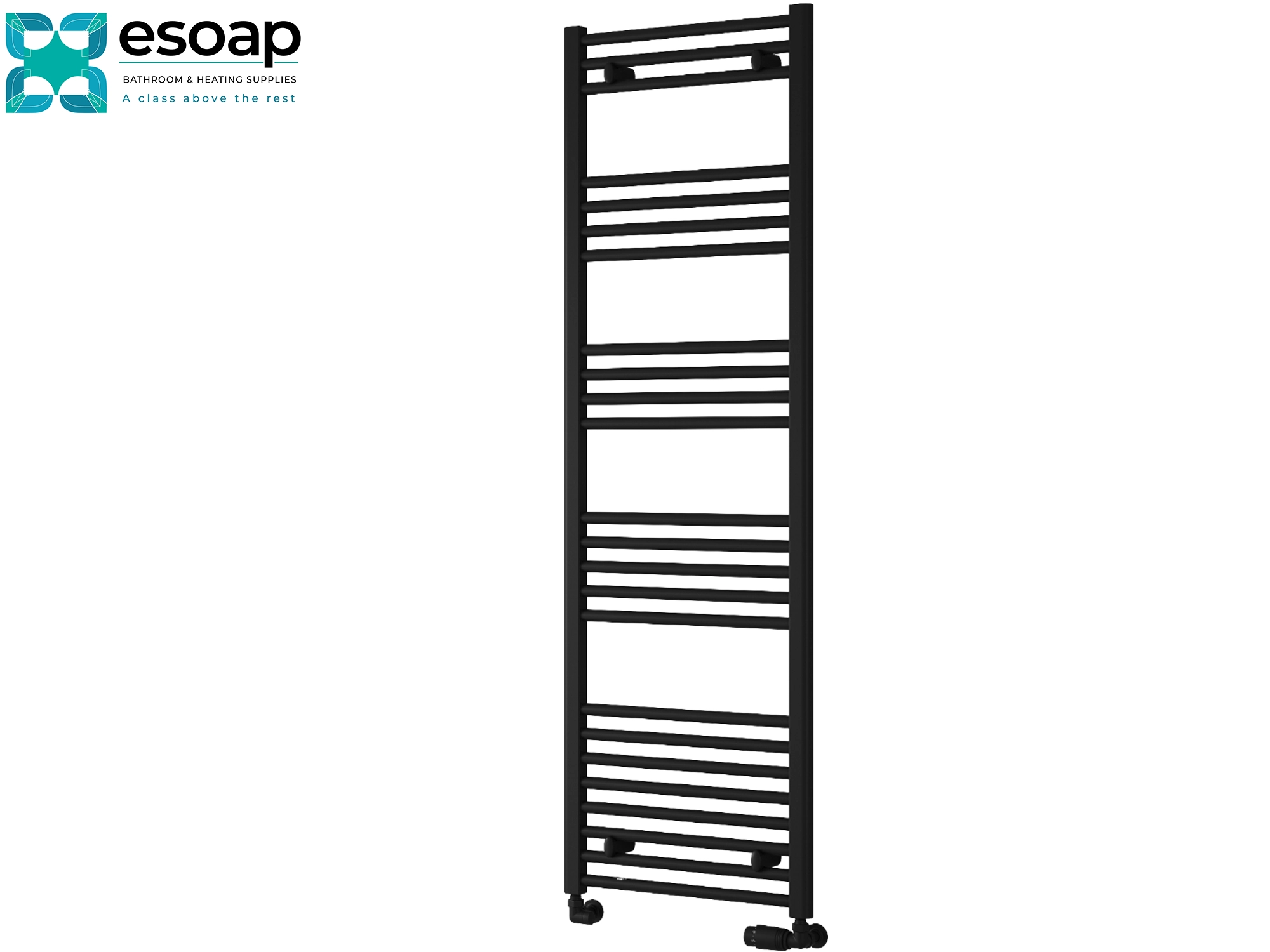 Black towel radiator 1600 x 500 on a white background with 'es Soap' branding.