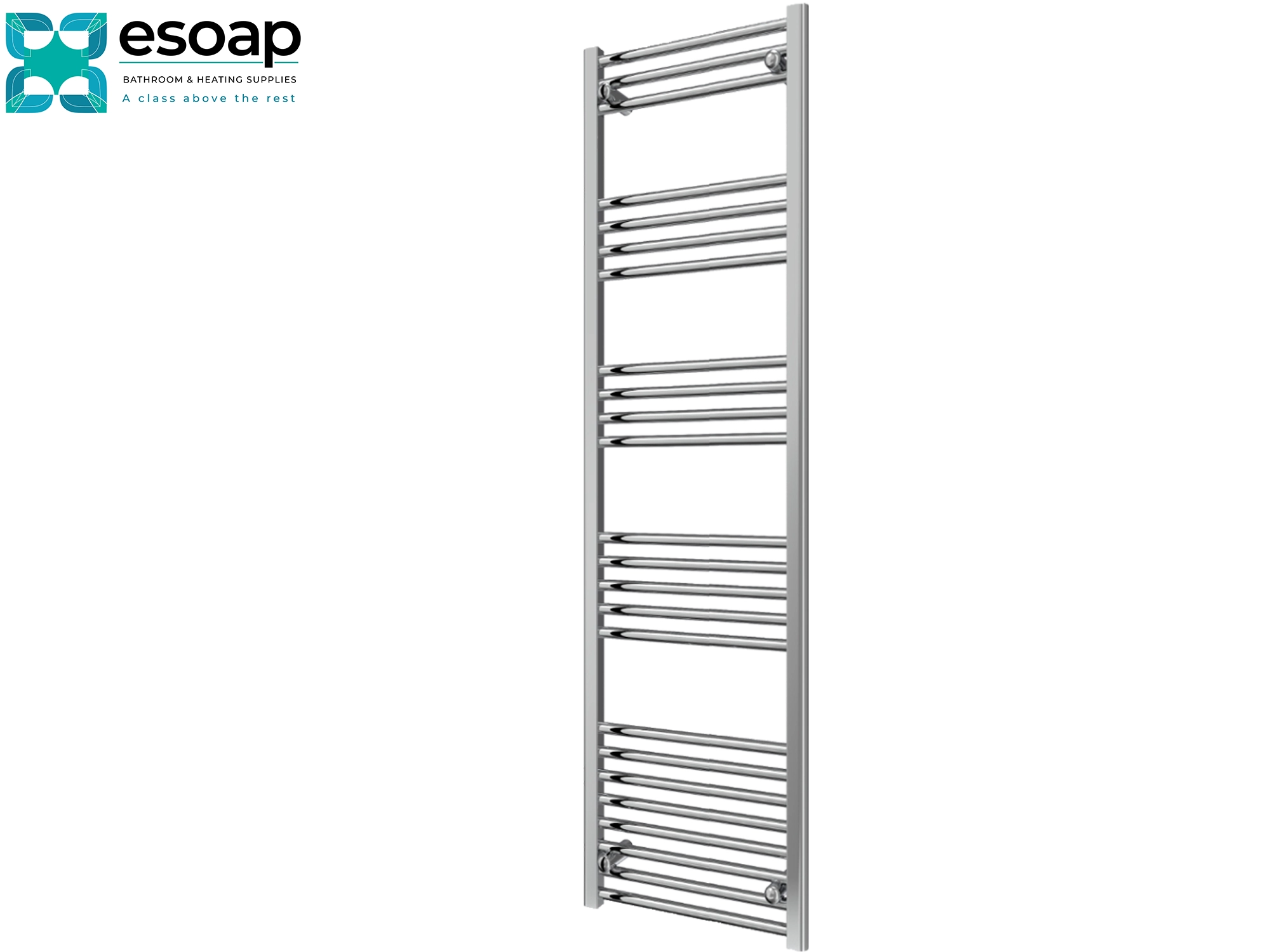 Chrome towel radiator 1600 x 500 on a white background with Esoap branding.