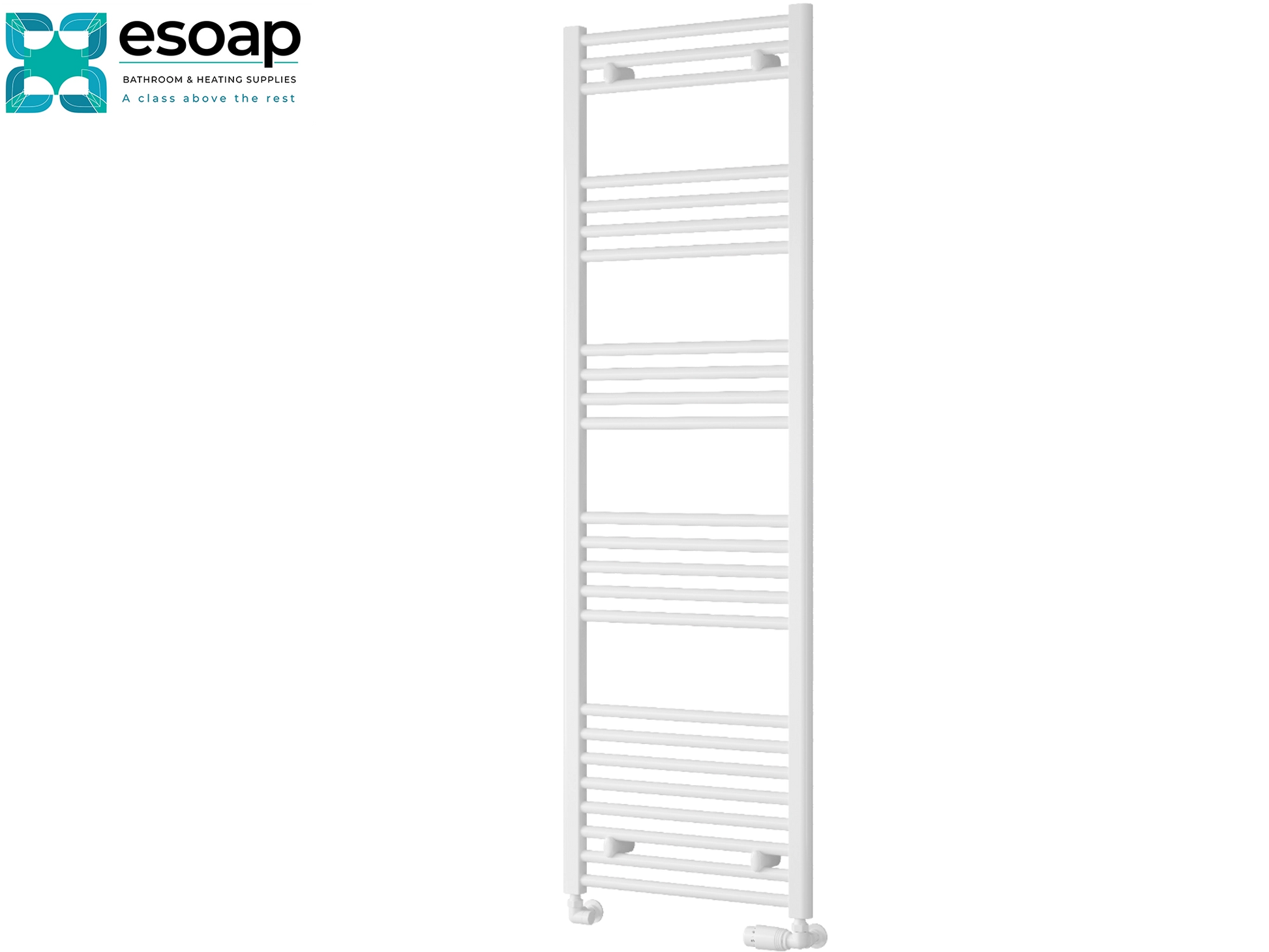 White towel radiator 1600 x 500 on a white background with Esoap branding.