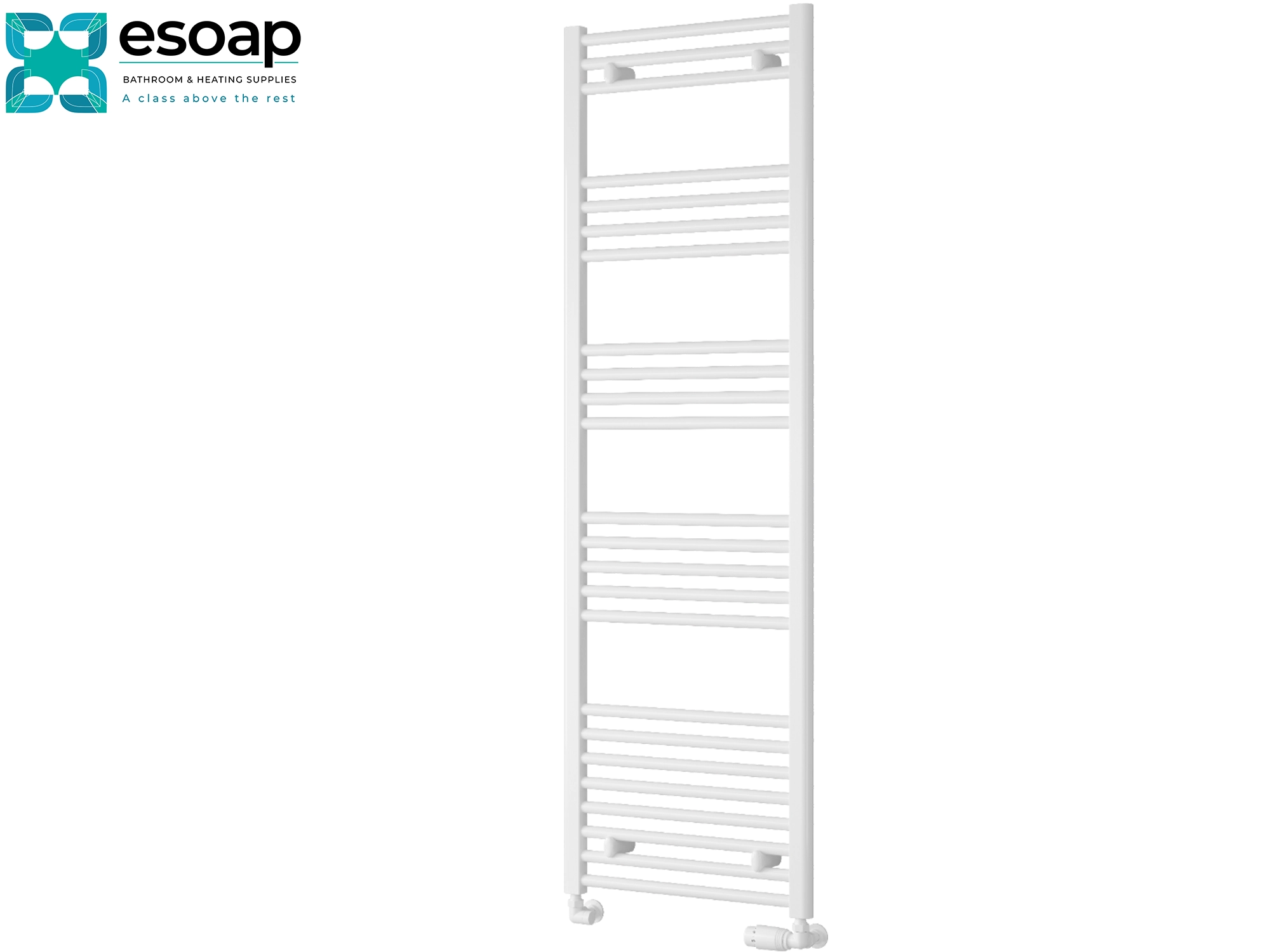 White towel radiator 1600 x 500 on a white background with Esoap branding.