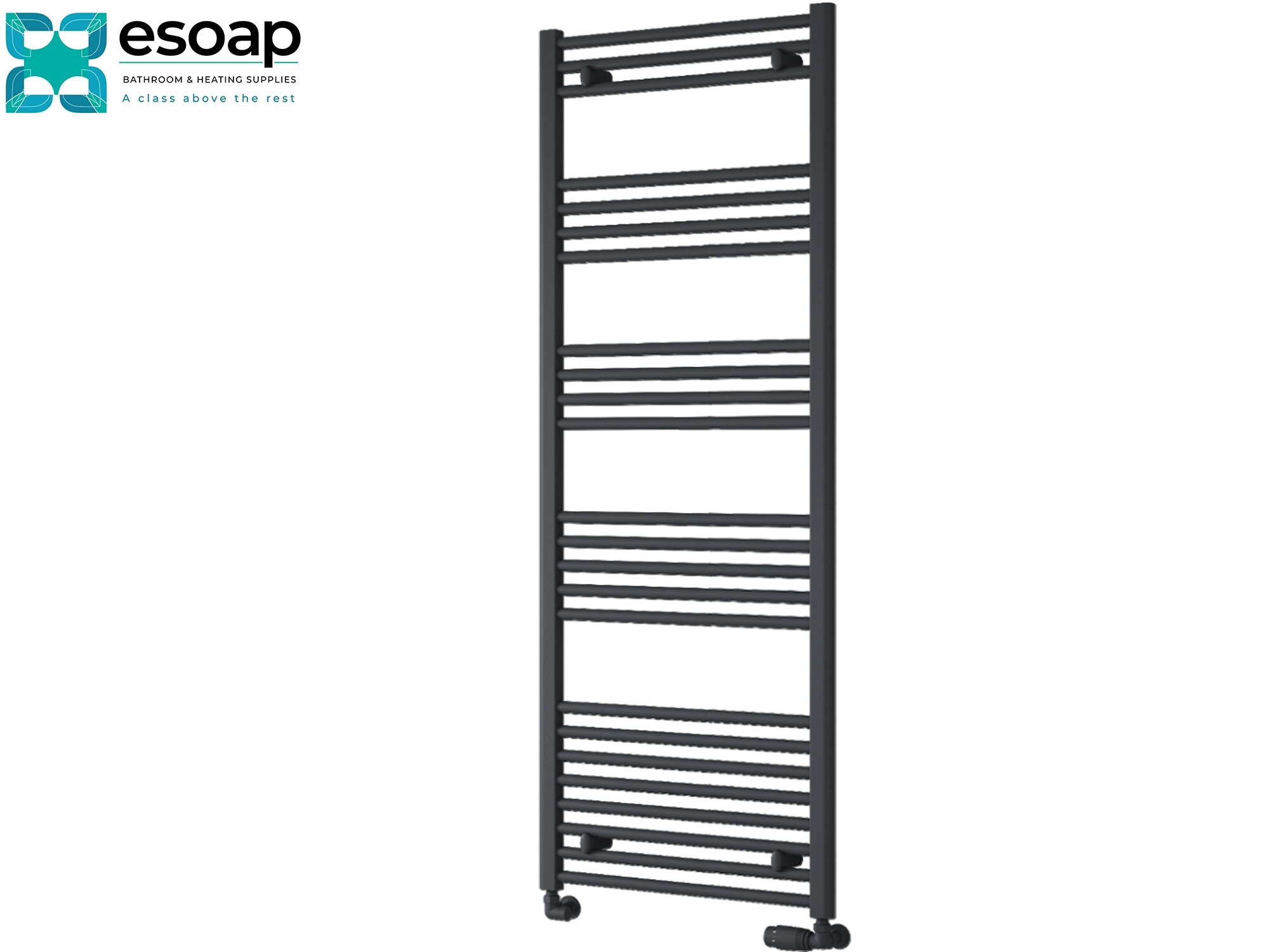 Black towel radiator 1600 x 600 on a white background with 'esoap' branding.