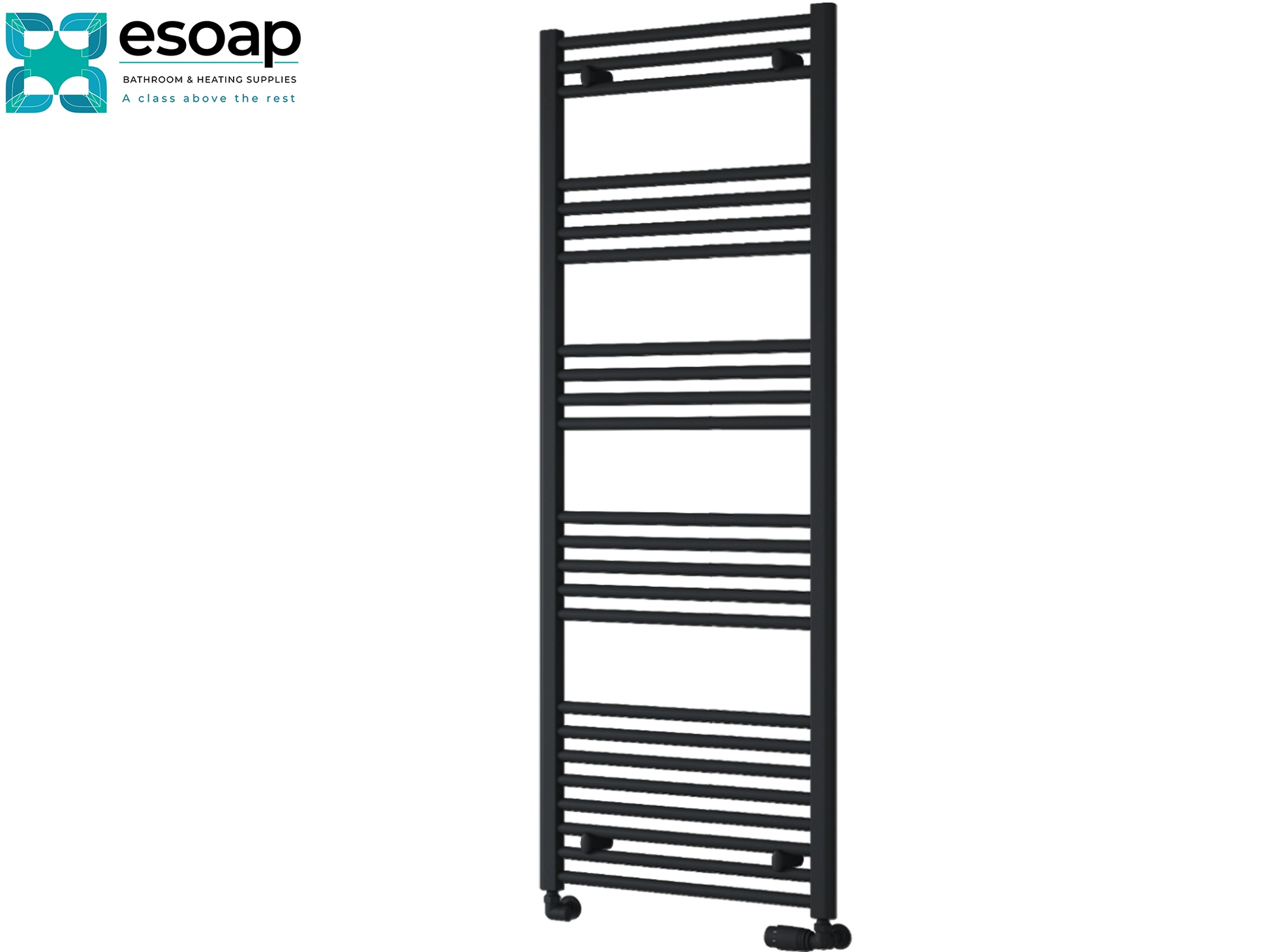 Black towel radiator 1600 x 600 on a white background with 'esoap' branding.