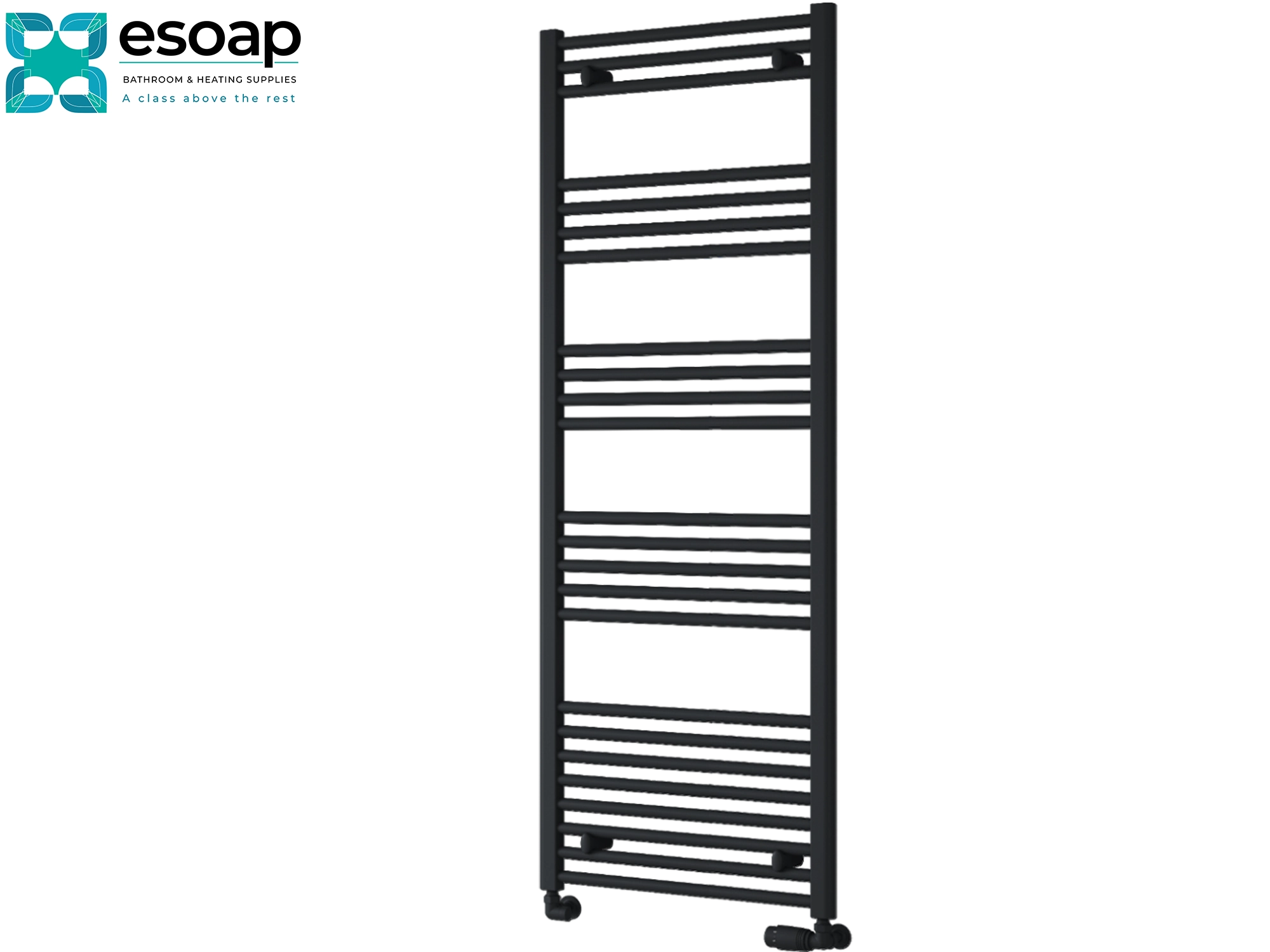 Black towel radiator 1600 x 600 on a white background with 'esoap' branding.