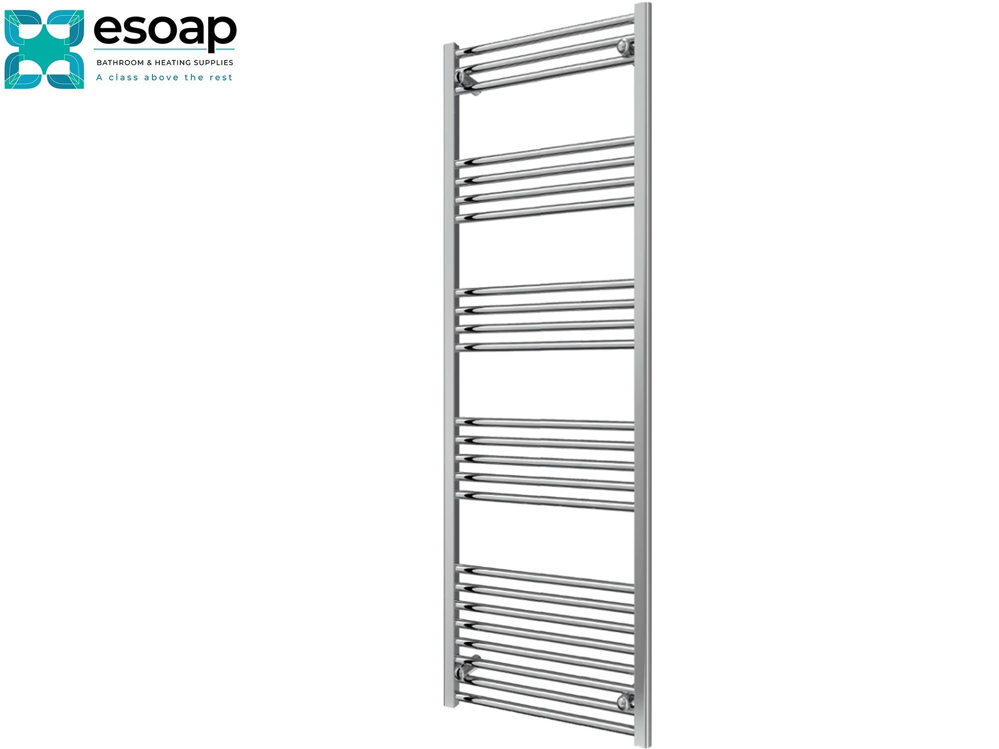 Chrome towel radiator 1600 x 400 on a white background with Esoap branding.