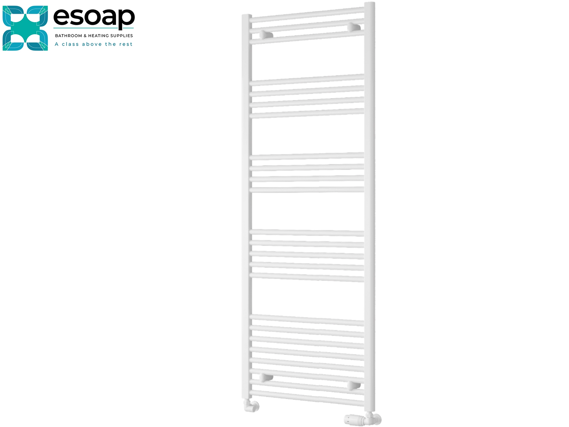 White towel radiator 1600 x 600 on a white background with 'esoap' branding.